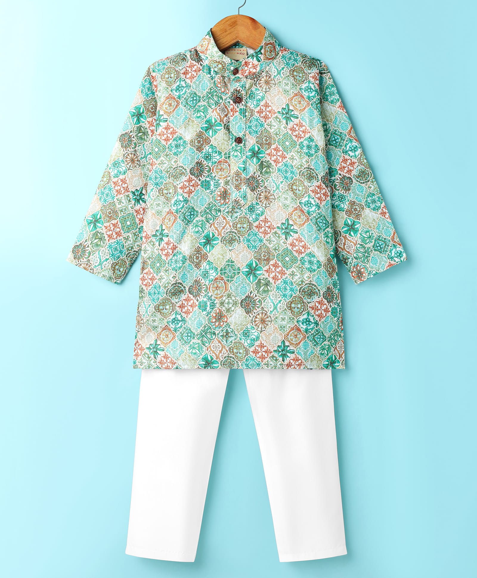 Ridokidz Full Sleeves Floral Printed & Sequins Embellished Kurta Pyjama Set - Light Green-picture-37