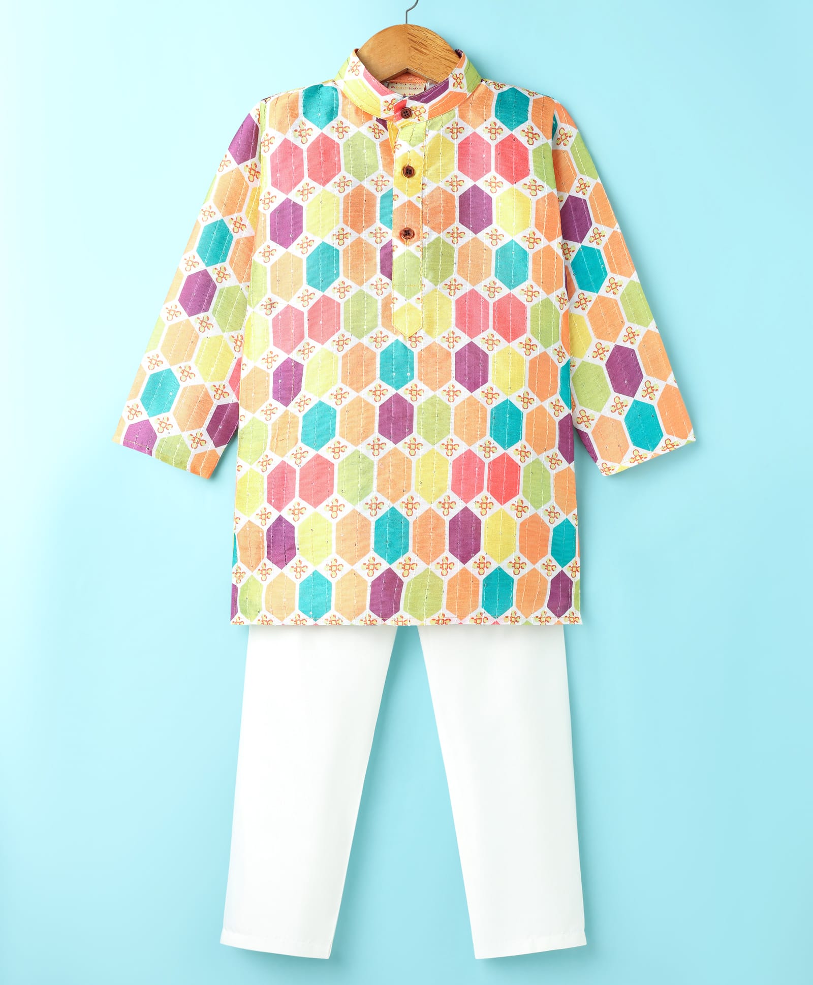 Ridokidz Full Sleeves Geometric Printed & Sequins Embellished Kurta Pyjama Set - Peach-picture-28