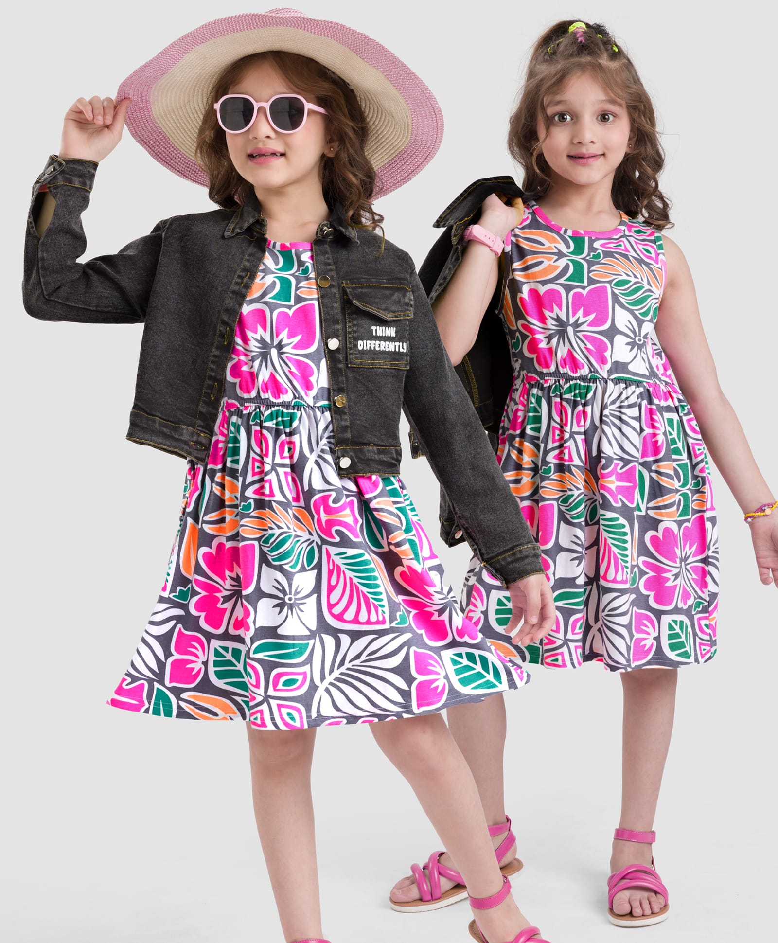 OLLINGTON ST. Cotton Stretchable Full Sleeves Denim Jacket and Inner Knit Dress Set with Leaf Print - Multicolor-image-49