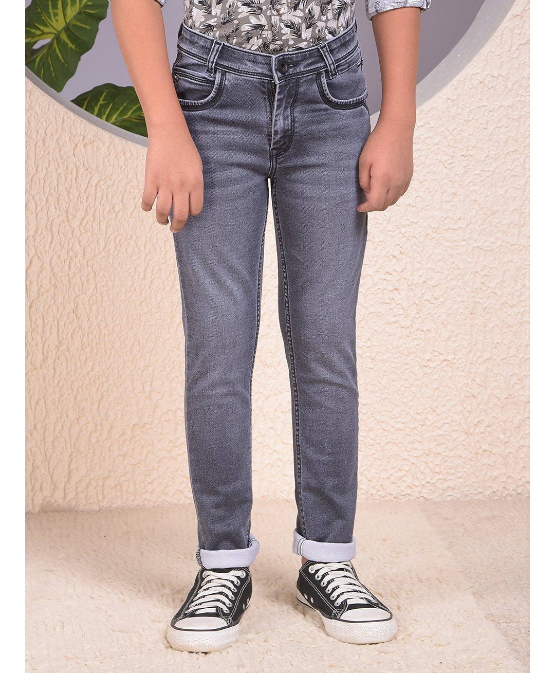 CRIMSOUNE CLUB Cotton Denim Solid Jeans - Grey-picture-27