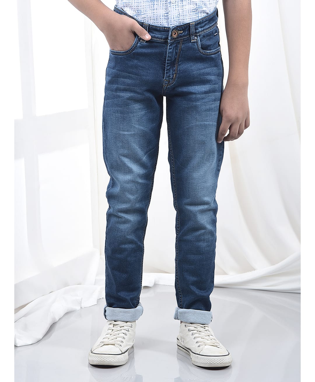 CRIMSOUNE CLUB Cotton Denim Solid Mild Washed Jeans - Blue-picture-27