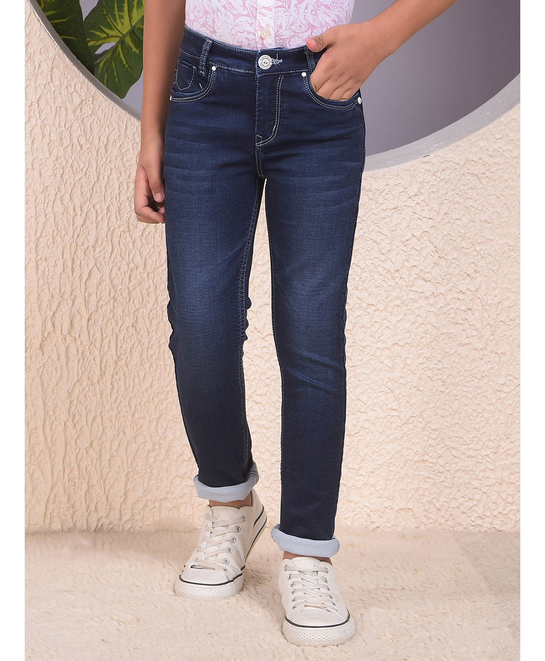 CRIMSOUNE CLUB Cotton Denim Solid Jeans - Blue-picture-44