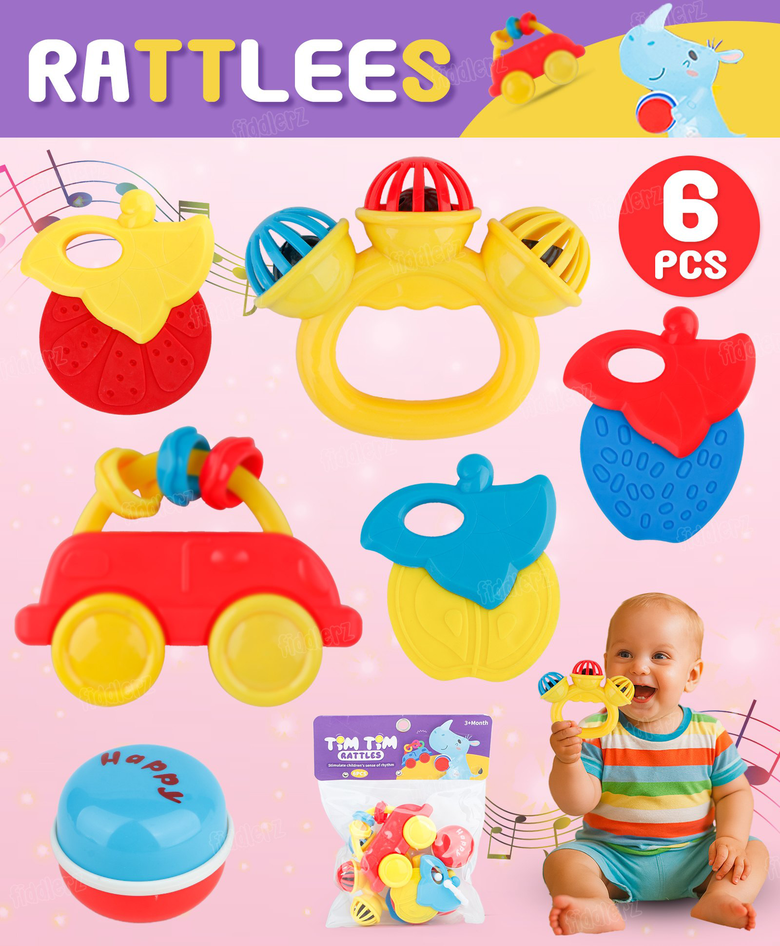 Fiddlerz Baby Rattle Toy Set 6 Colorful Handheld Rattles for Infants Toddlers Safe BPA Free Toys for Early Learning Sensory Play and Gifting-image-31