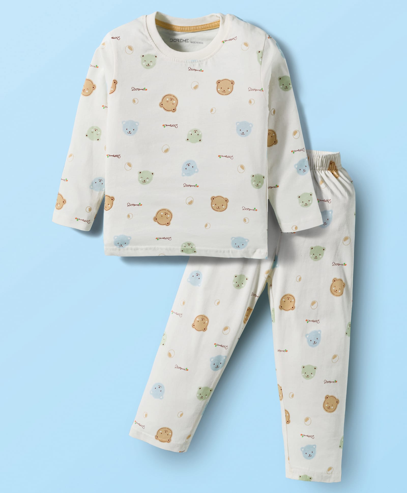 Doreme Single Jersey Knit Full Sleeves Co-ords Night Suit with Bear Print - White-image-49