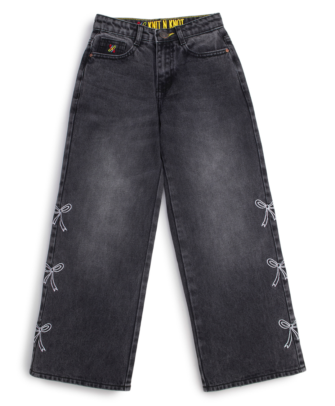 Knit N Knot Denim Woven Bow Embroidered Washed Jeans - Black-picture-11