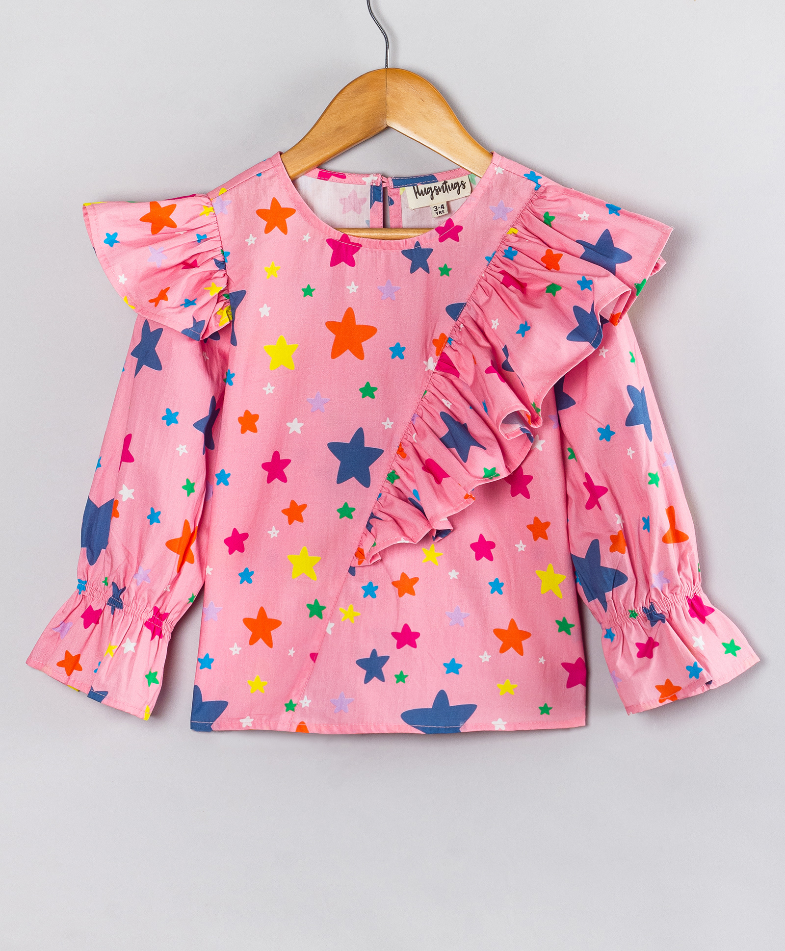 Hugsntugs Cotton Woven Full Bell Sleeves Frill Detailed Star Printed Top - Pink-picture-10