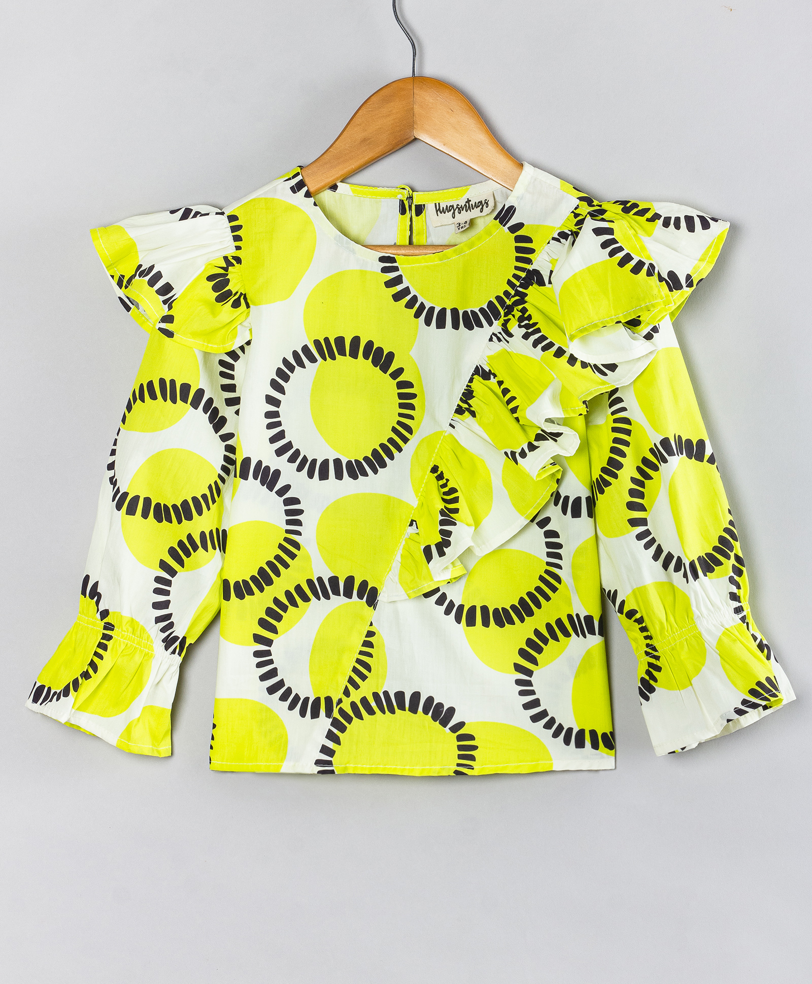 Hugsntugs Cotton Woven Full Bell Sleeves Frill Detailed Circle Printed Top - Yellow-picture-28