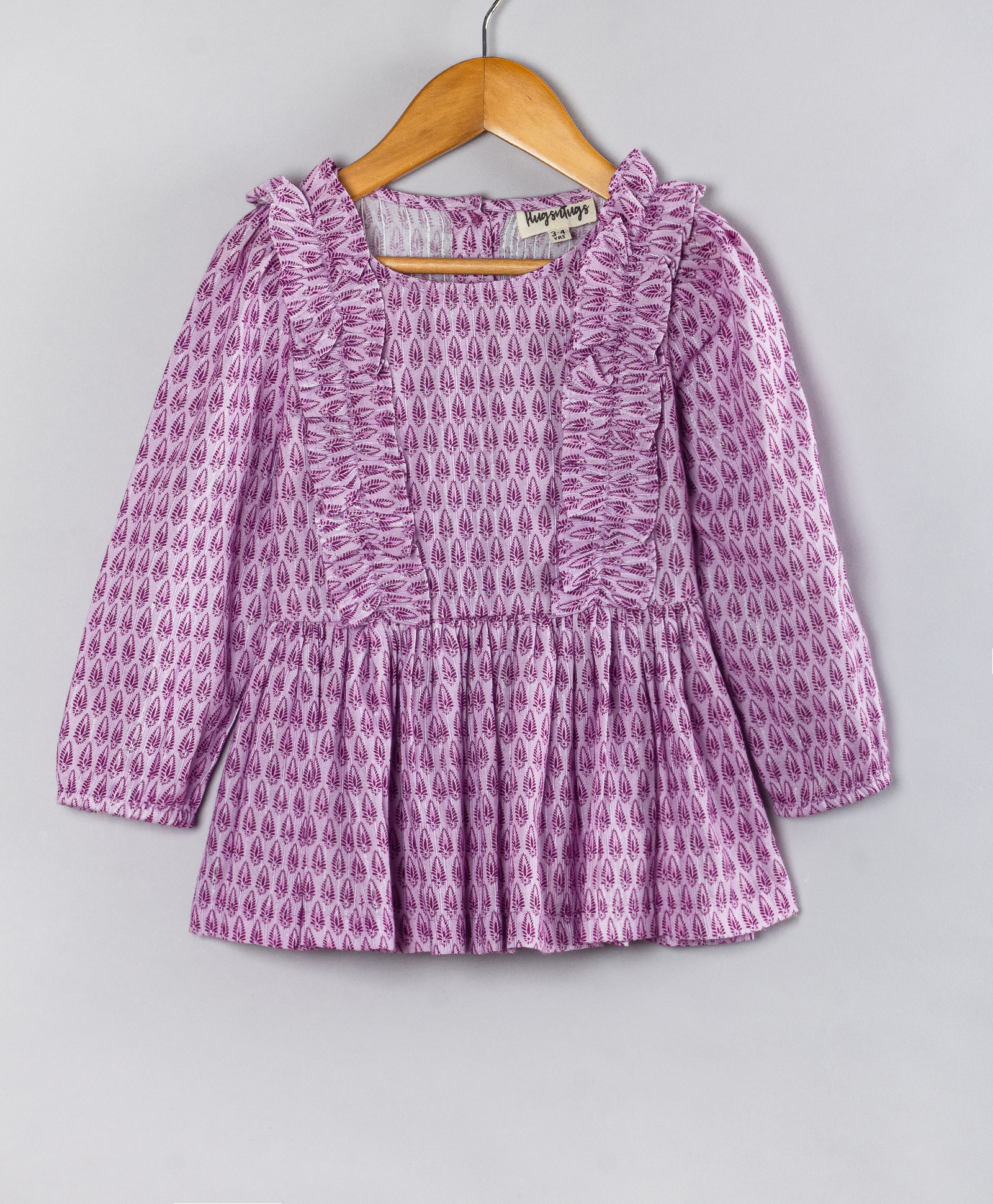 Hugsntugs Cotton Woven Full Sleeves Motif Printed Frill Detailed Top - Purple-image-39