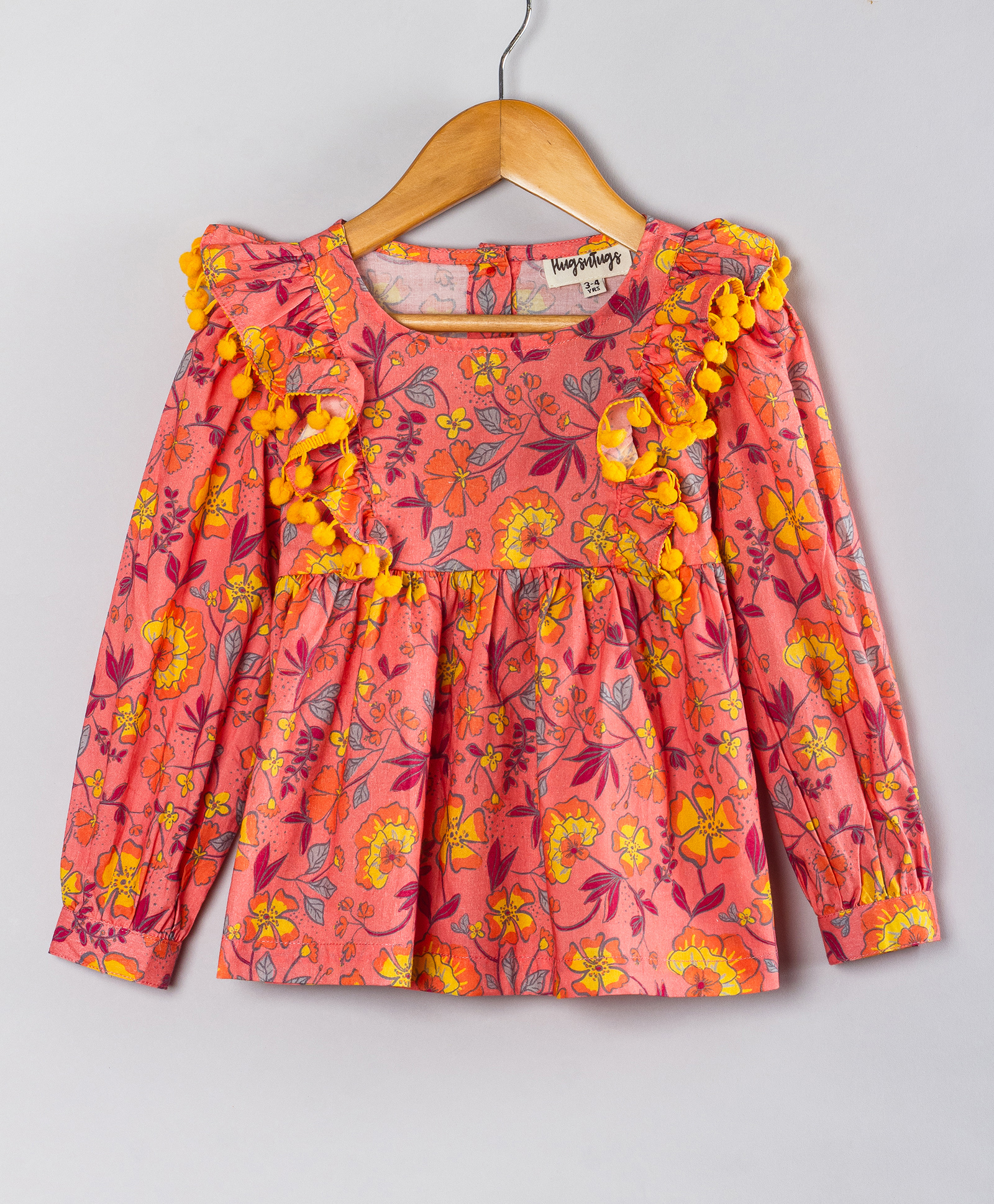Hugsntugs Cotton Woven Full Sleeves Floral Printed Pom Pom Embellished Top - Peach-picture-11