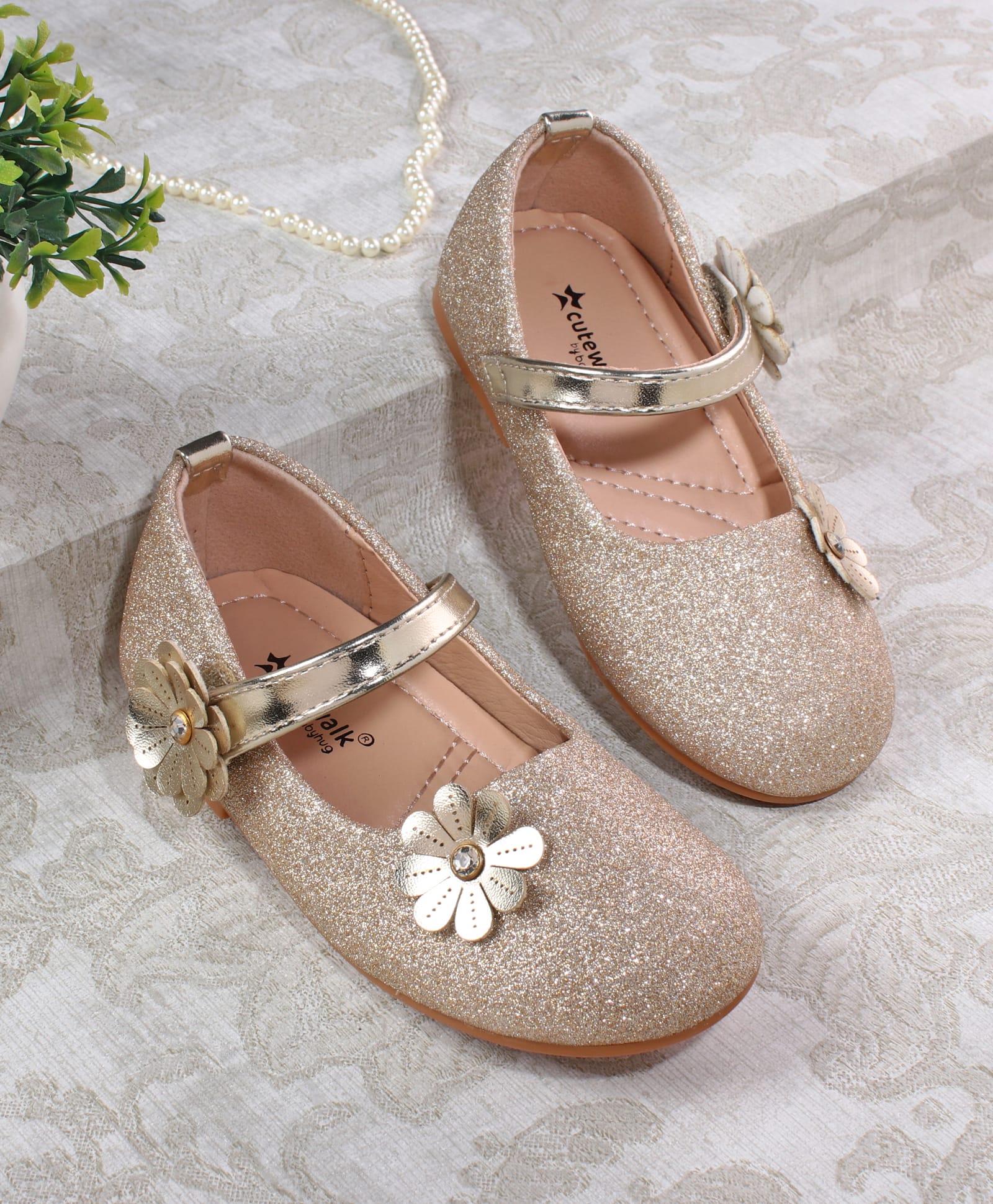 Cute Walk by Babyhug Ballerina with Floral Applique - Golden-image-19