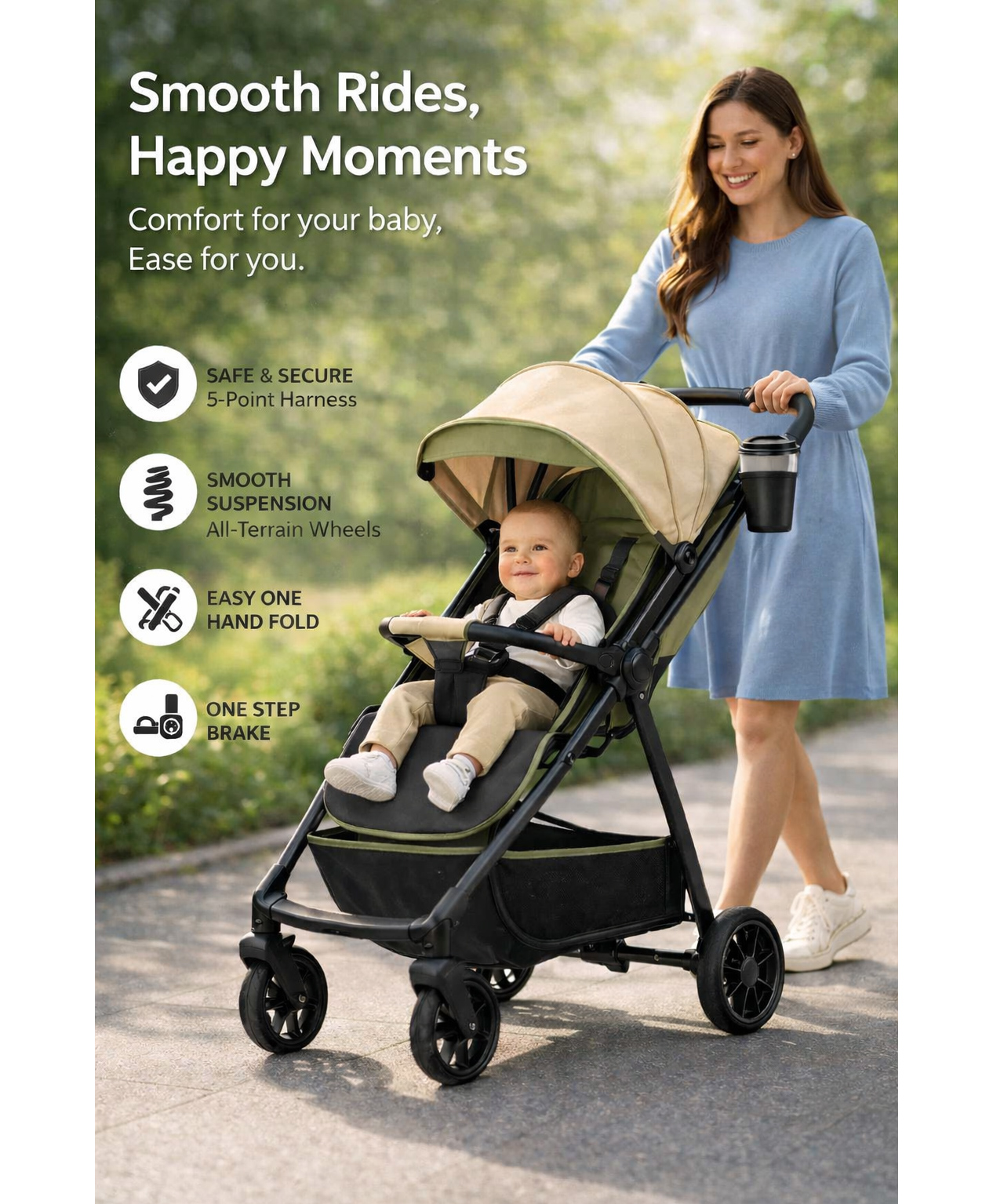 fab n funky Baby Pram Stroller for Infants & Toddlers - Army Green| Lightweight & Foldable| High-View Baby Stroller with Smooth Wheels|Compact Fold & Travel Friendly| Linked Brake| Front Swivel Wheels-picture-24