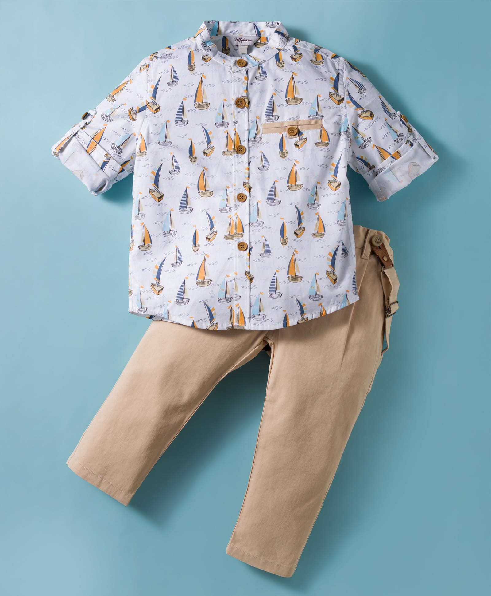 ToffyHouse Poplin Woven Full Sleeves Shirt & Pant Set With Nautical Theme Print & Suspender - Tan-picture-18