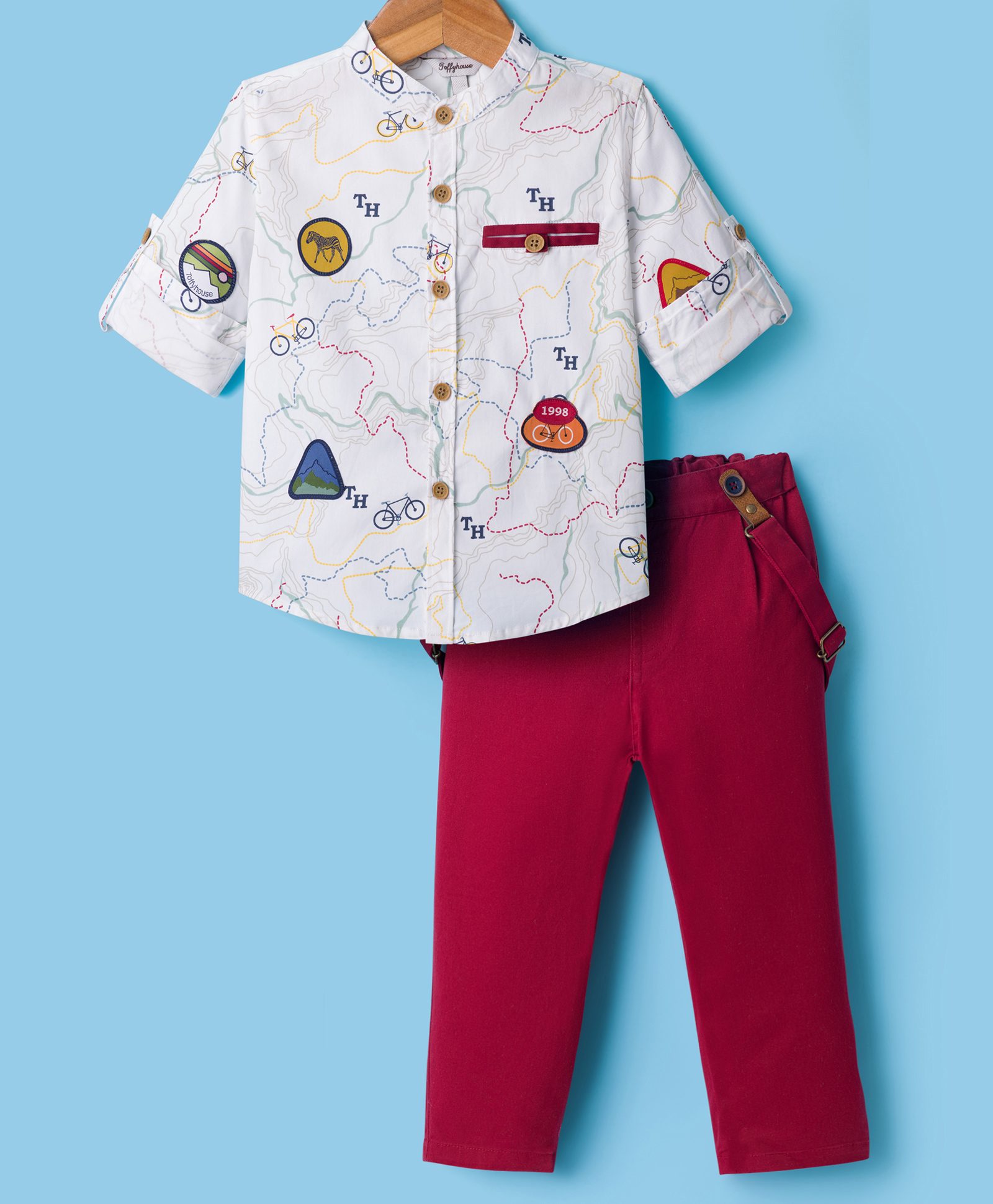 ToffyHouse Poplin Woven Full Sleeves Printed Party Shirt & Trouser Set with Suspender & Patch Detailing - Wine & White-image-39