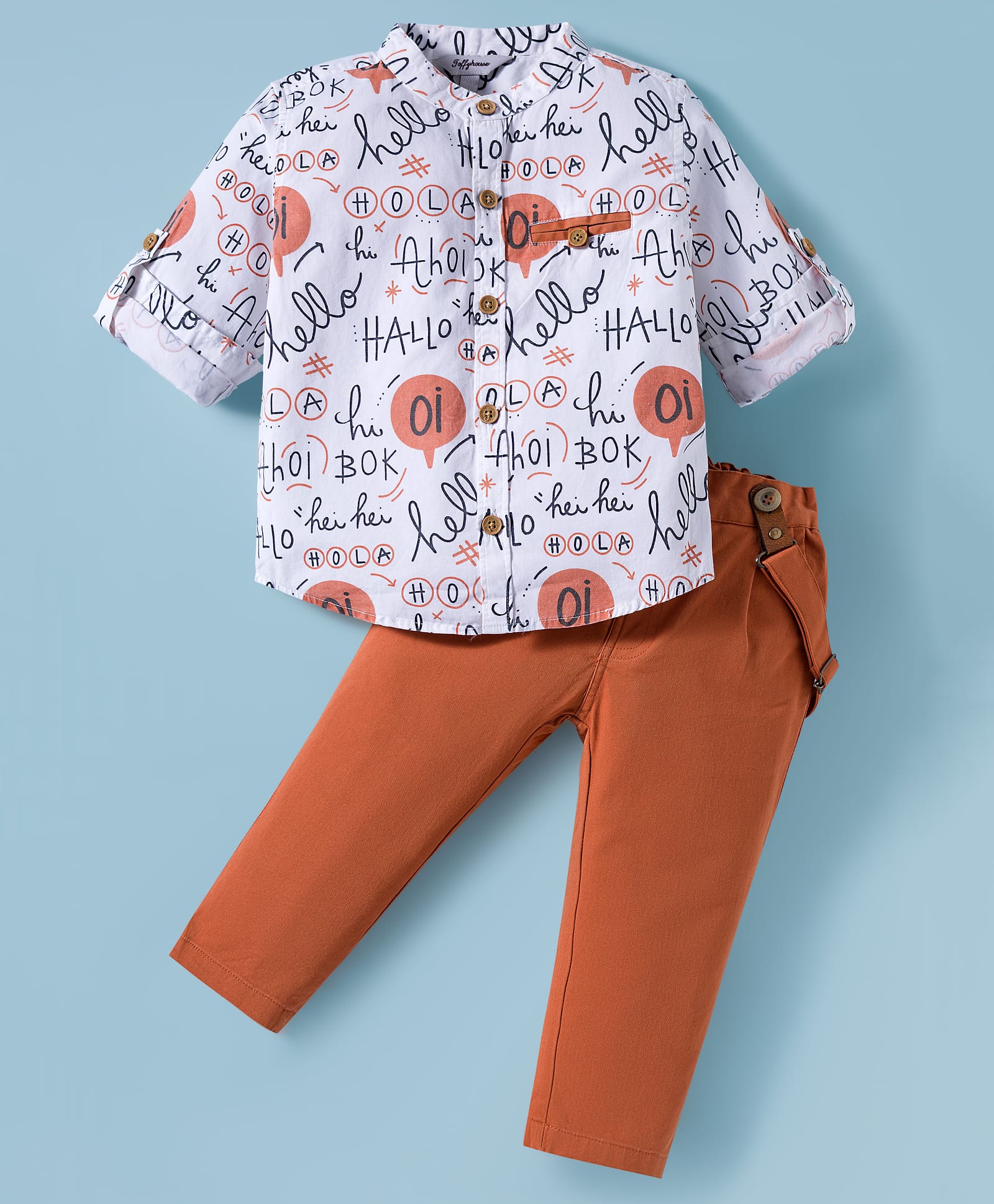 ToffyHouse Cotton Full Sleeves Striped Shirt & Trouser With Suspender With Text Print - White & Rust Orange-image-32
