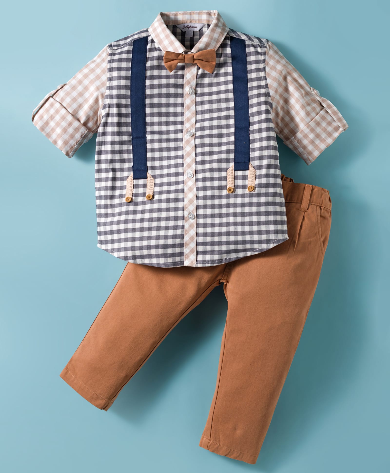 ToffyHouse Poplin Woven Full Sleeves Checkered Party Shirt & Pant Set with Bow - Brown-picture-5