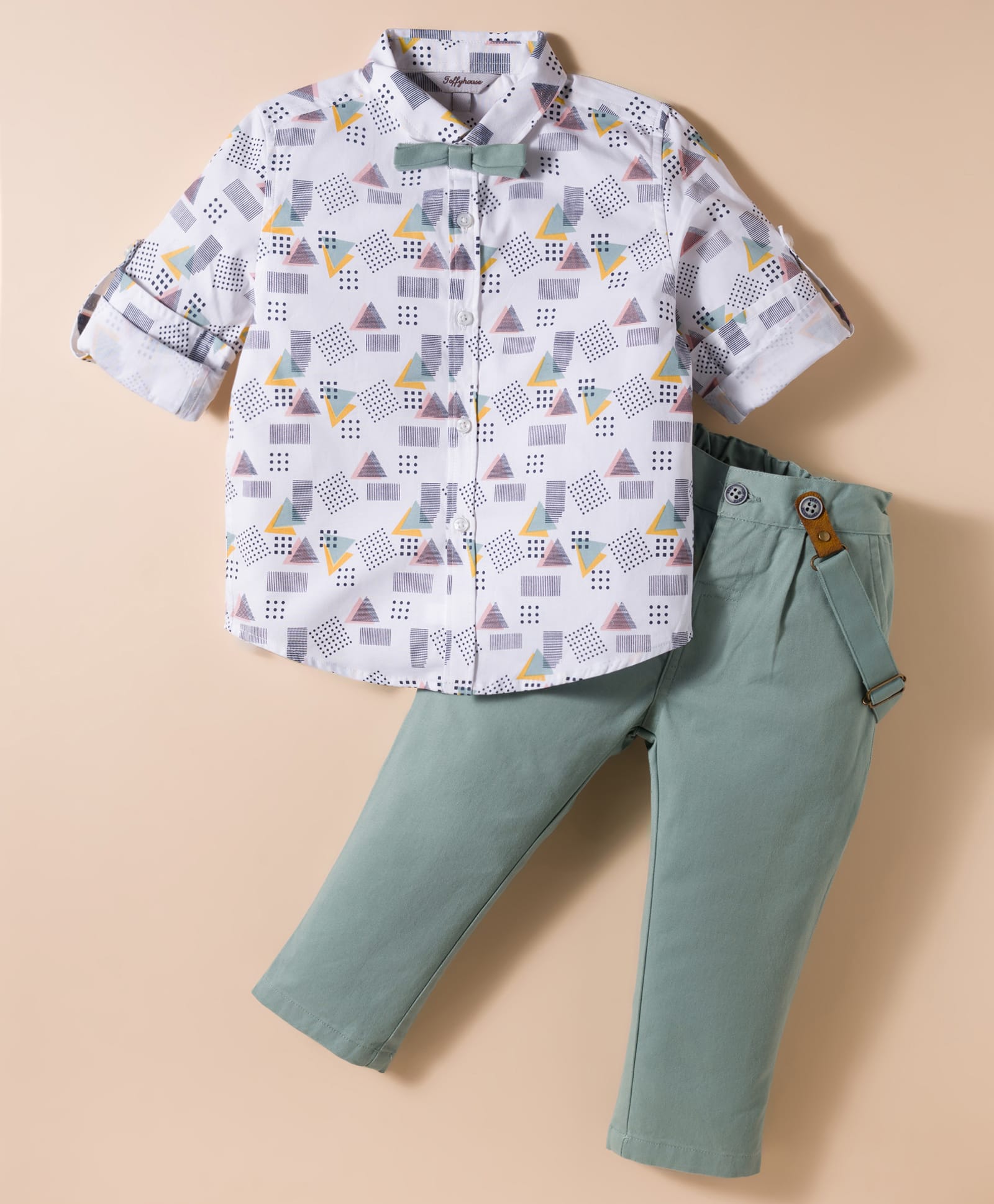 ToffyHouse Poplin Woven Full Sleeves Abstract Printed Party Shirt & Pant Set with Suspender & Bow - Teal Blue-image-16