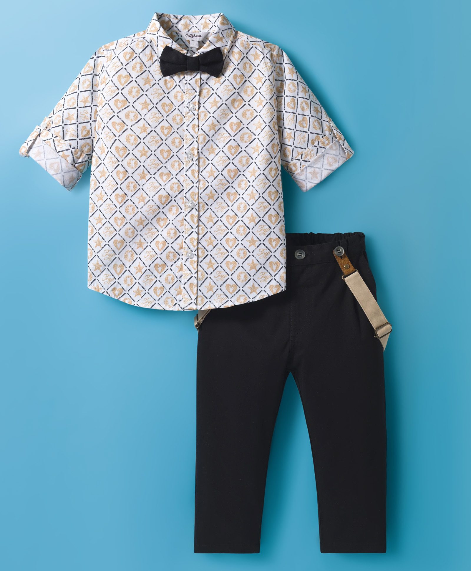 ToffyHouse Poplin Woven Full Sleeves Printed Party Shirt & Trouser Set With Bow & Suspender - Black-picture-35