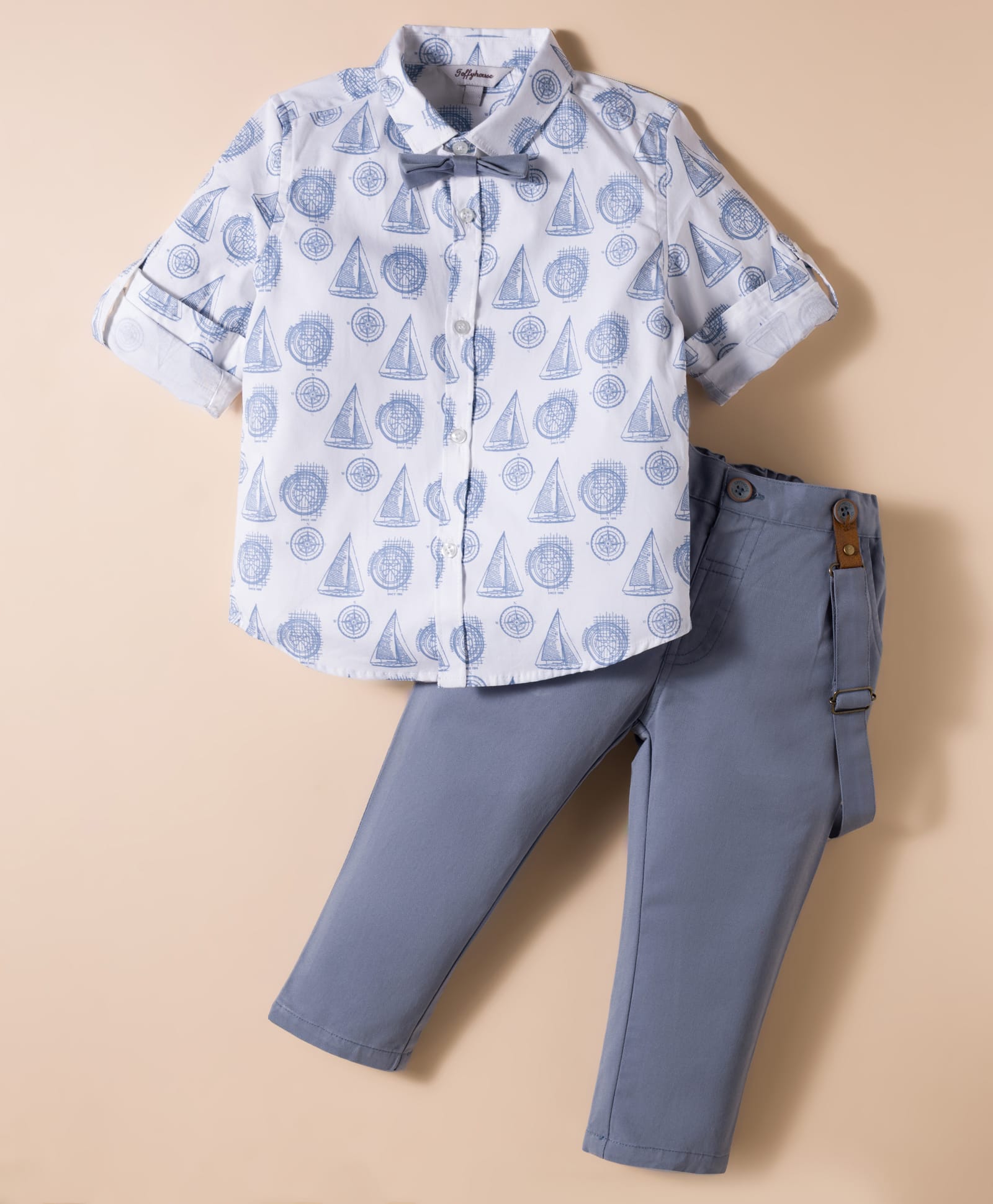 ToffyHouse Poplin Woven Full Sleeves Nautical Theme Printed Party Shirt & Pant Set with Suspender & Bow - Light Blue-picture-44