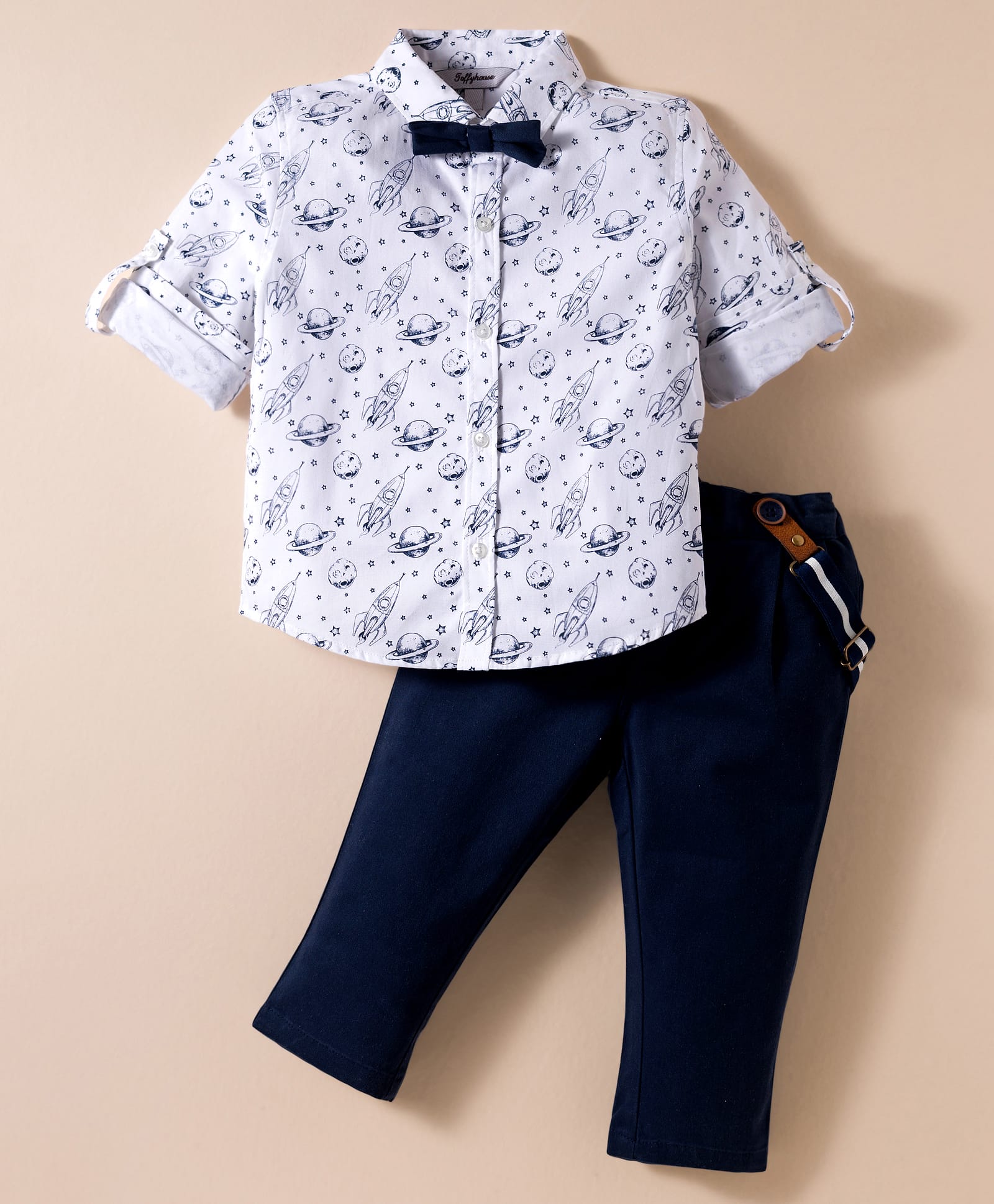 ToffyHouse Poplin Woven Full Sleeves Space Theme Printed Party Shirt & Trouser Set With Bow & Suspender - Navy Blue & White-picture-27