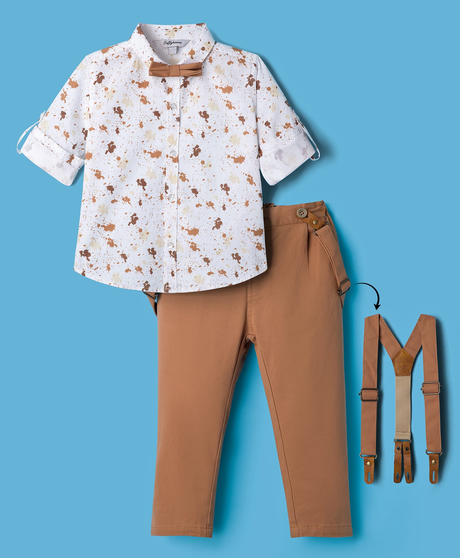 ToffyHouse Poplin Woven Full Sleeves Printed Shirt & Pant Set With Suspender & Bow - Brown-picture-13