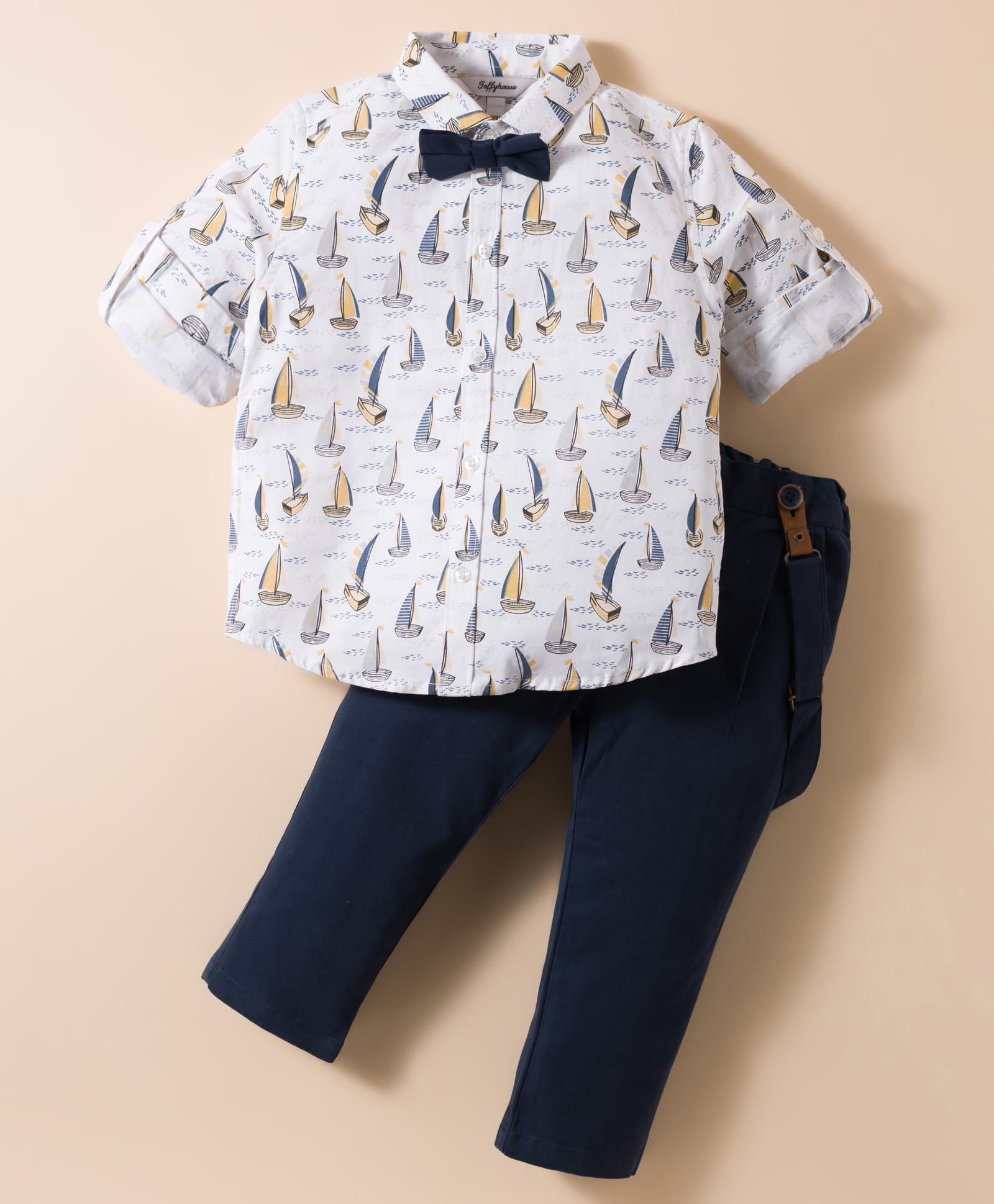 ToffyHouse Poplin Woven Full Sleeves Nautical Theme Printed Party Shirt & Pant Set with Suspender & Bow - Navy Blue-picture-22