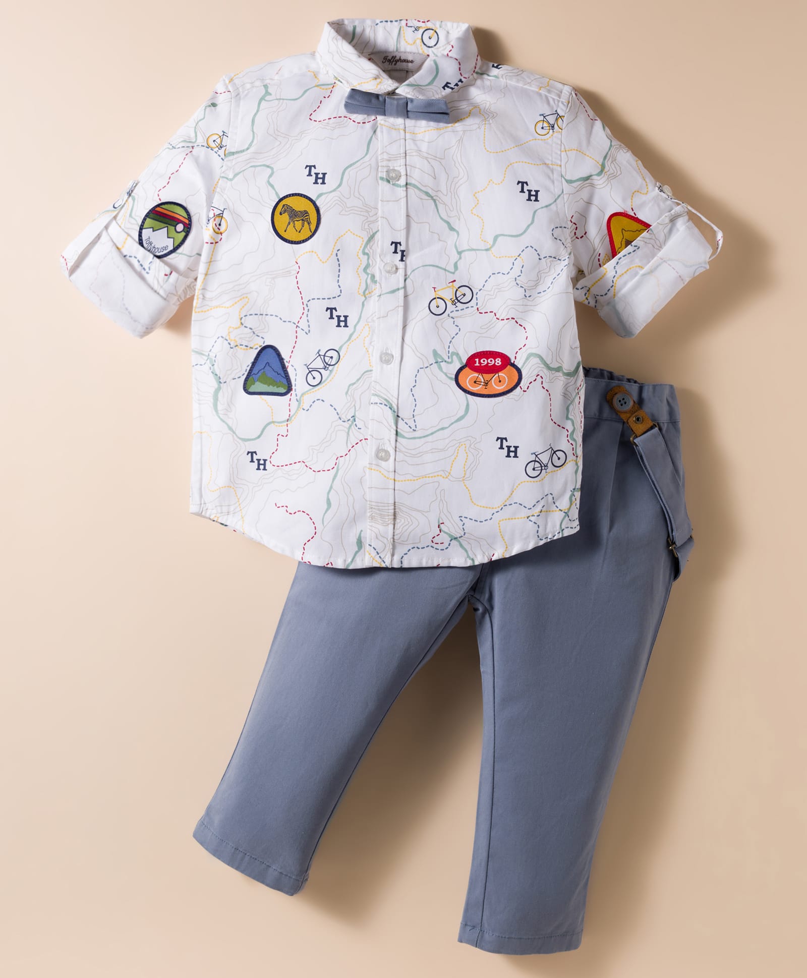 ToffyHouse Poplin Woven Full Sleeves Map Printed Party Shirt & Pant Set with Suspender & Bow - Blue-picture-47