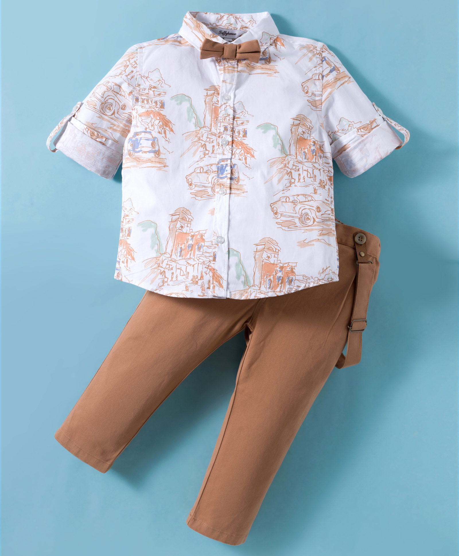 ToffyHouse Poplin Woven Printed Full Sleeves Party Shirt & Pant Set with Bow & Suspender - Brown-image-47