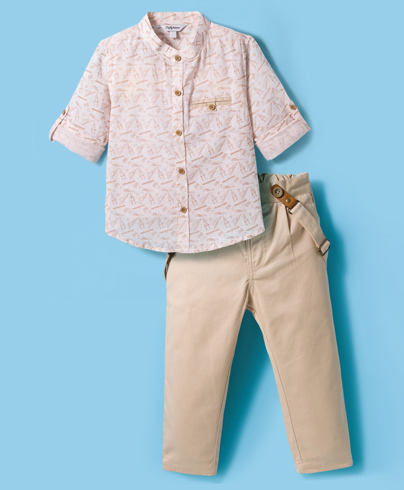 ToffyHouse Cotton Knit Full Sleeves Stationary Printed Party Shirt & Pant Set with Suspender - Tan-picture-24
