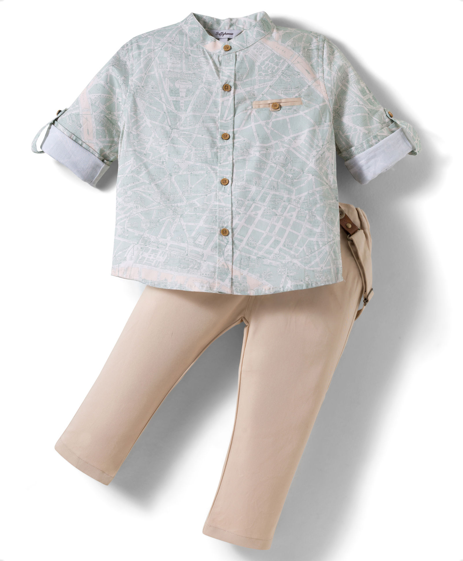ToffyHouse Cotton Knit Full Sleeves Map Printed Party Shirt & Pant Set with Suspender - Tan-image-14