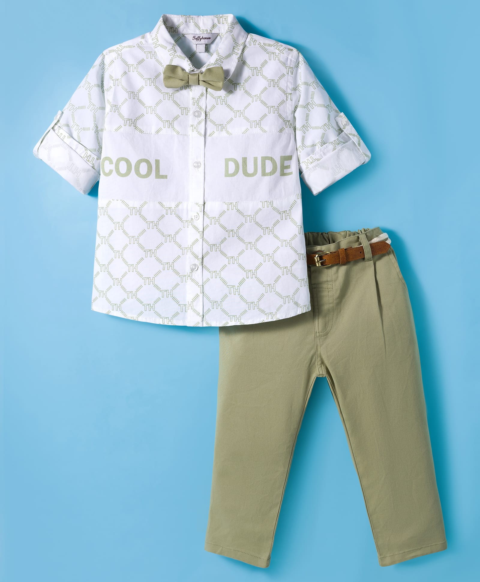 ToffyHouse Cotton Woven Full Sleeves Printed Shirt & Pant Set With Bow & Belt - Olive Green & White-image-12