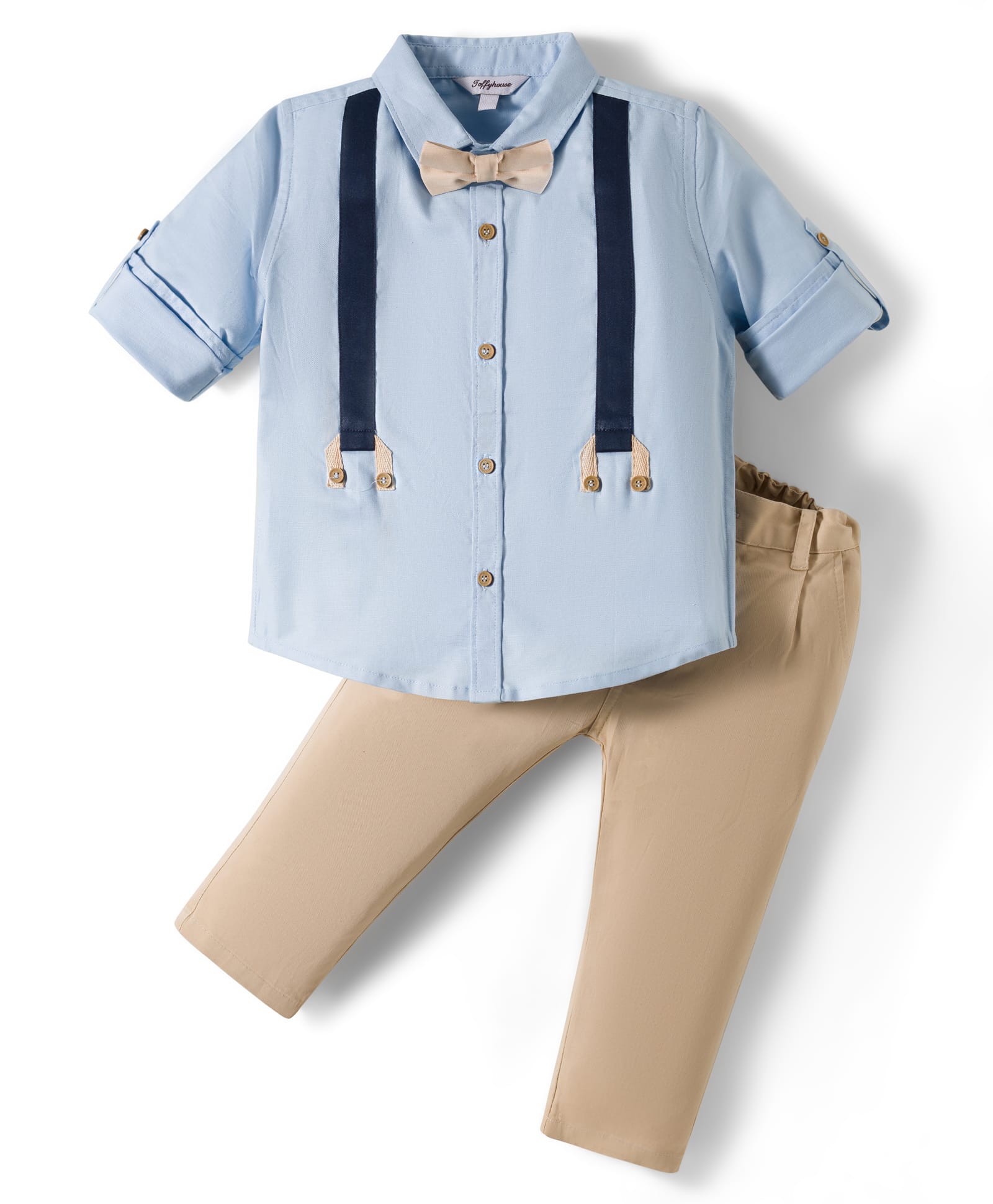 ToffyHouse Cotton Knit Full Sleeves Solid Color Party Shirt & Trouser Set with Bow - Tan & Light Blue-picture-28