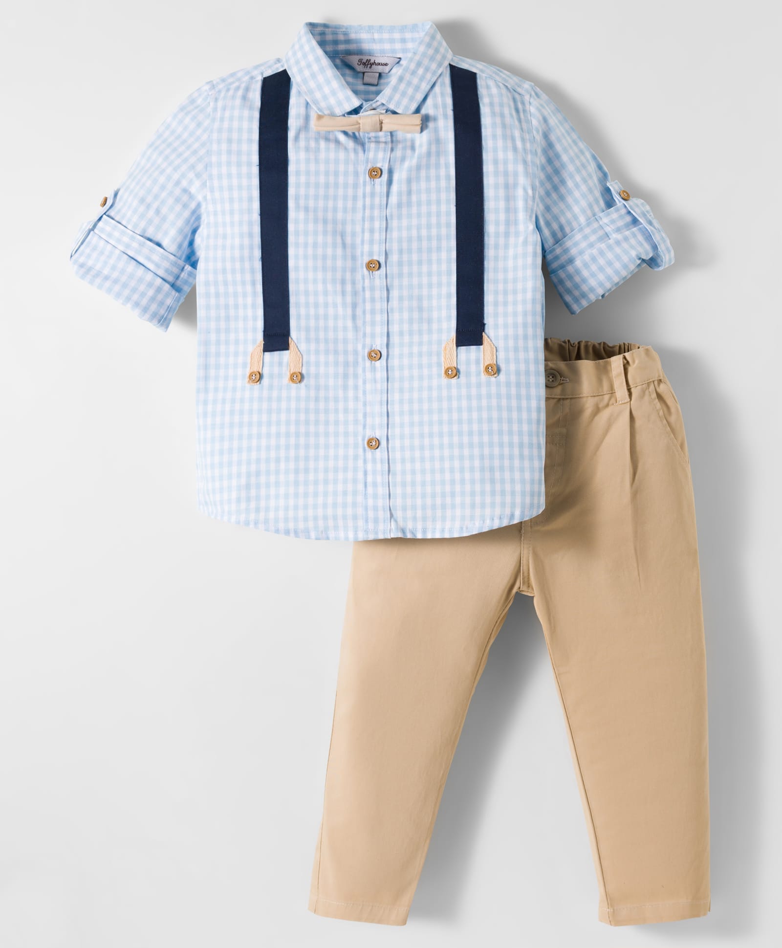 ToffyHouse Cotton woven Full Sleeves Checkered Party Shirt & Trouser Set with Bow - Tan & Light Blue-image-39