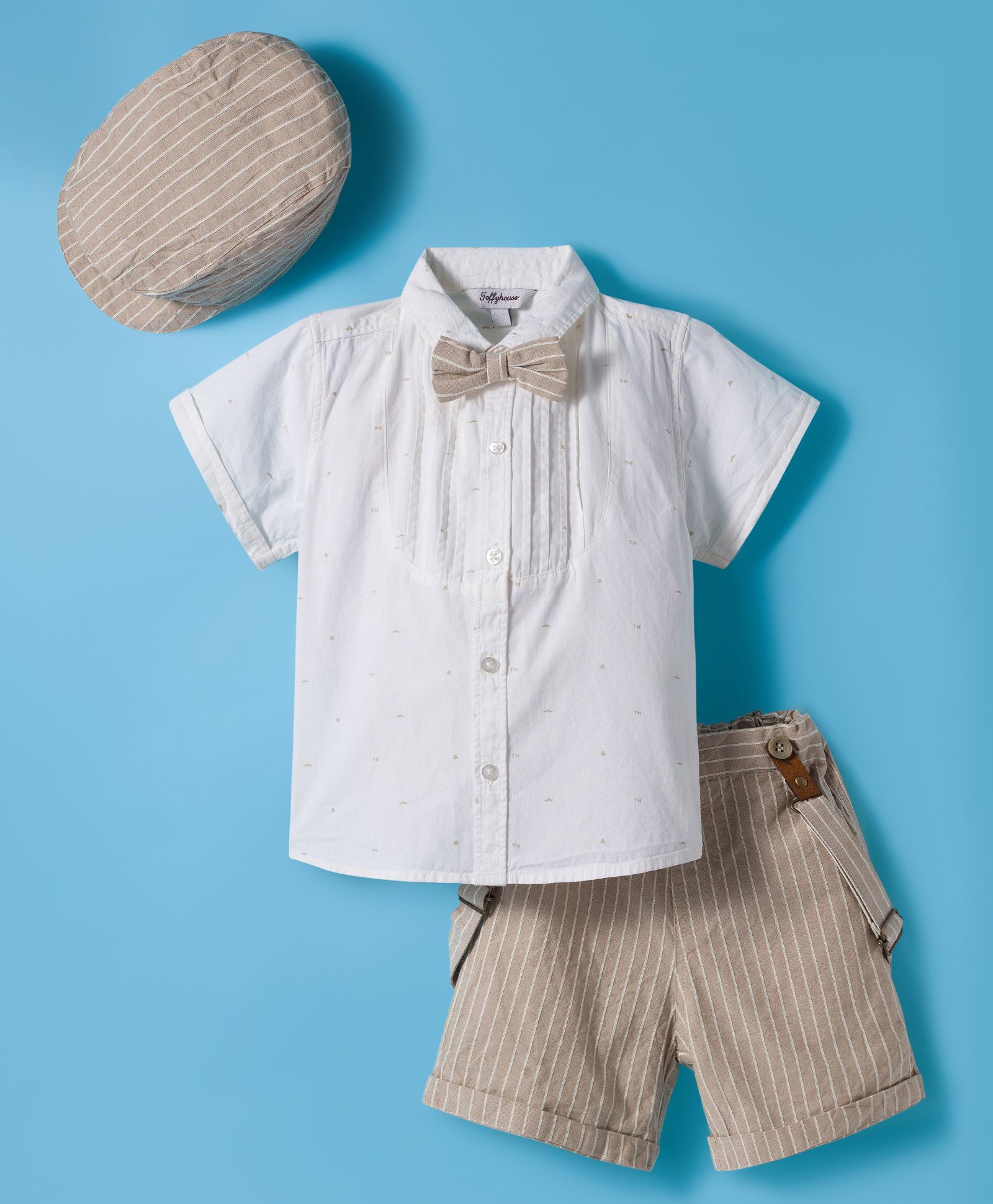 ToffyHouse Cotton Knit Half Sleeves Solid Party Shirt & Shorts Set With Bow Suspender & Cap - Tan & White-image-45