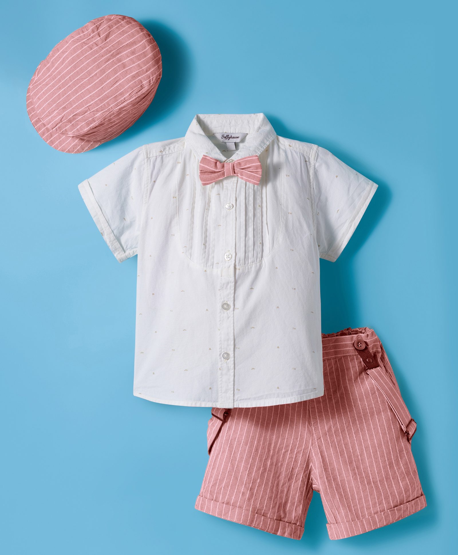 ToffyHouse Cotton Knit Half Sleeves Solid Party Shirt & Shorts Set With Bow Suspender & Cap - Light Red & White-picture-45