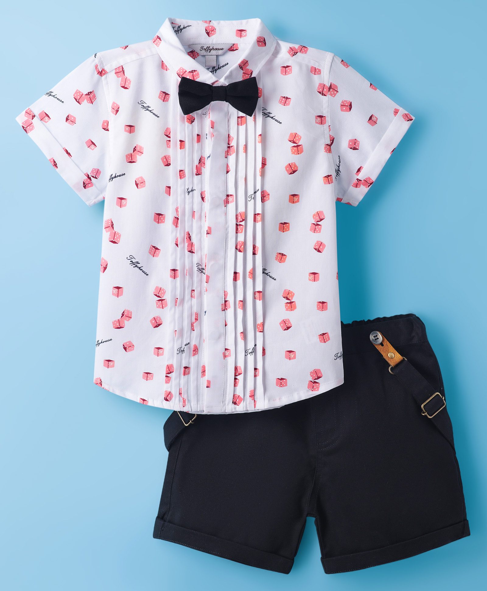 ToffyHouse Cotton Knit Half Sleeves Printed Party Shirt & Shorts Set With Bow & Suspender - Black & White-image-33