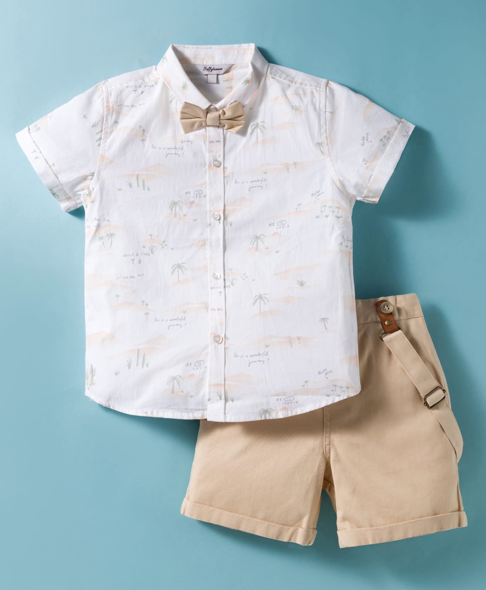 ToffyHouse Cotton Knit Half Sleeves Tree Printed Party Shirt & Shorts Set With Bow & Suspender - Tan & White-picture-44