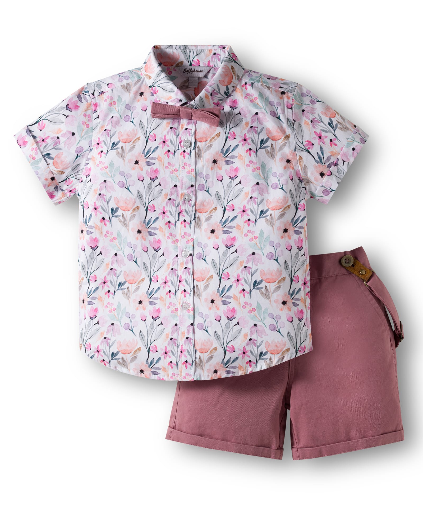 ToffyHouse Cotton Knit Half Sleeves Floral Printed Party Shirt & Shorts Set With Bow & Suspender - Pink-picture-27