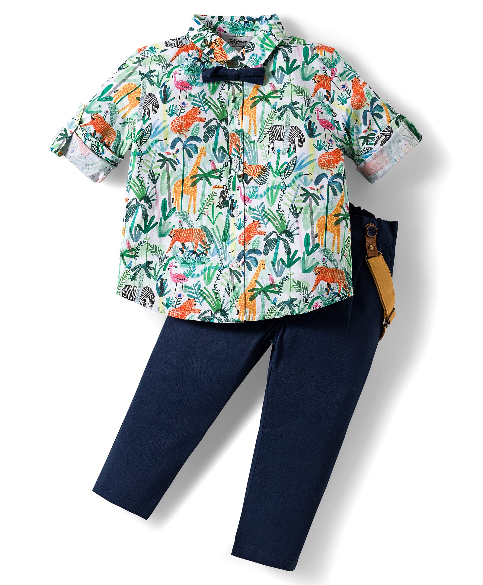 ToffyHouse Cotton Woven Full Sleeves Animals Printed Shirt & Pant Set With Bow & Suspender - Navy Blue-picture-24