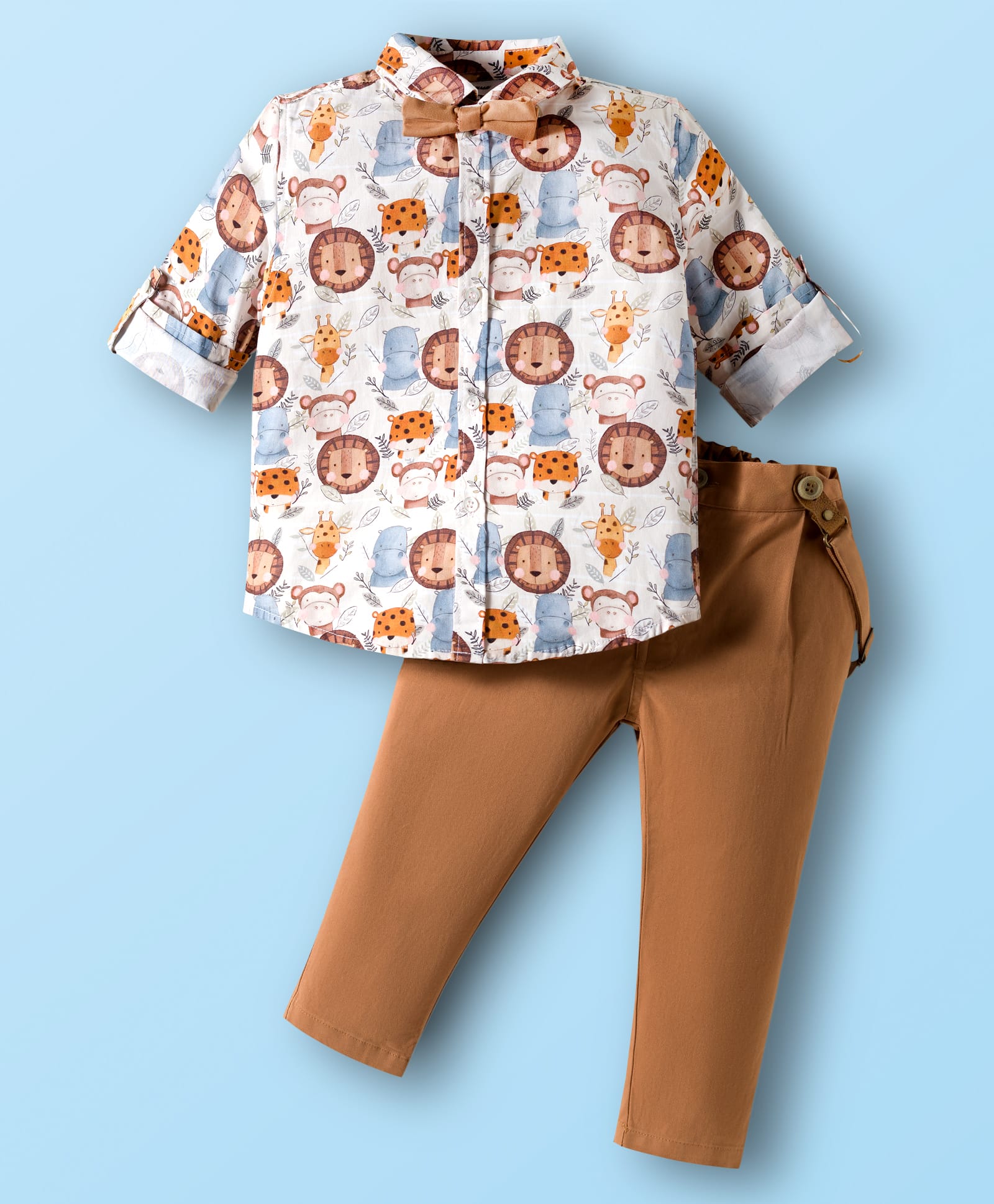 ToffyHouse Cotton Knit Full Sleeves Animal Printed Party Shirt & Trouser Set With Bow & Suspender - Brown-picture-22