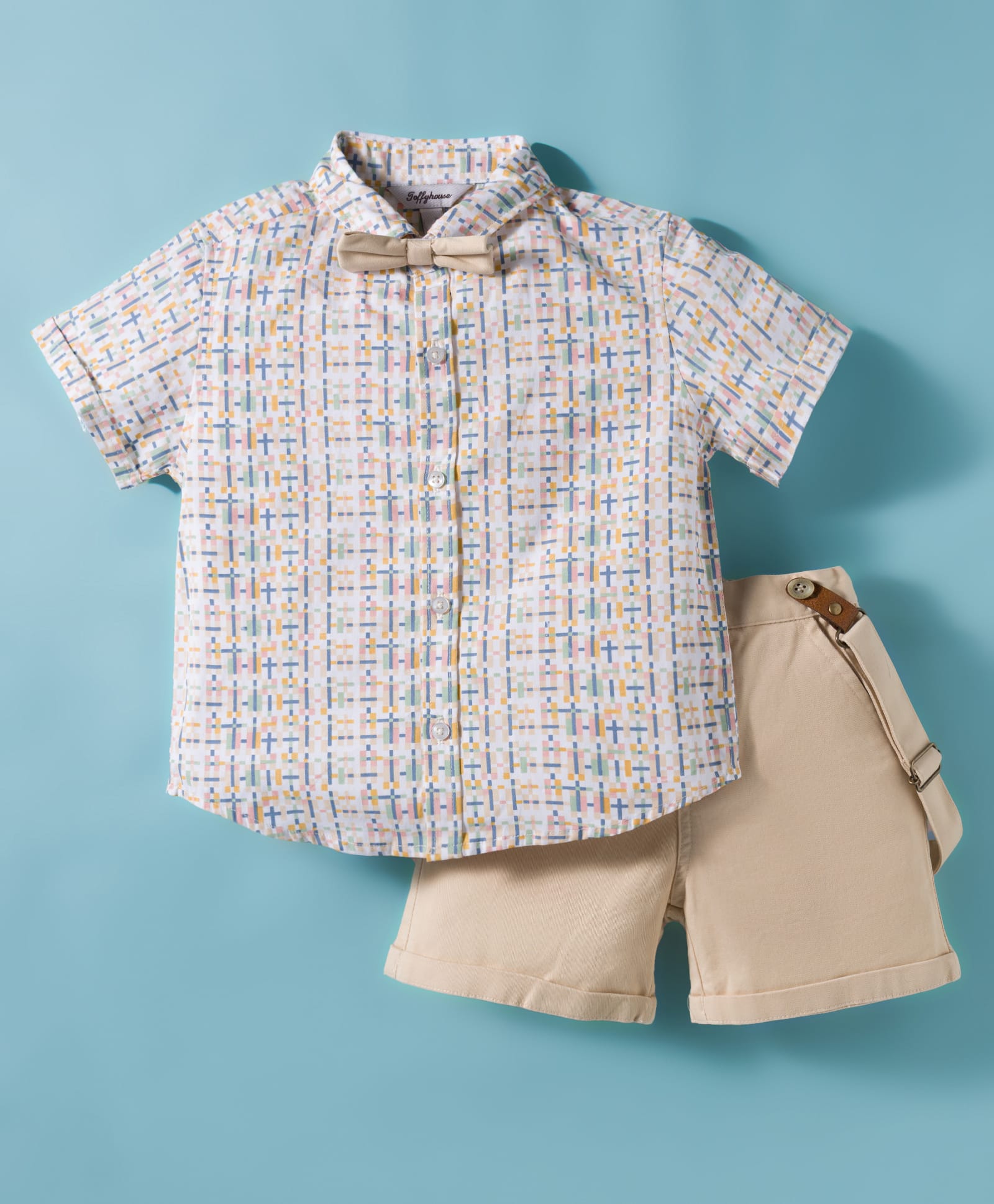 ToffyHouse Cotton Knit Half Sleeves Printed Party Shirt & Shorts Set With Bow & Suspender - Tan-image-22