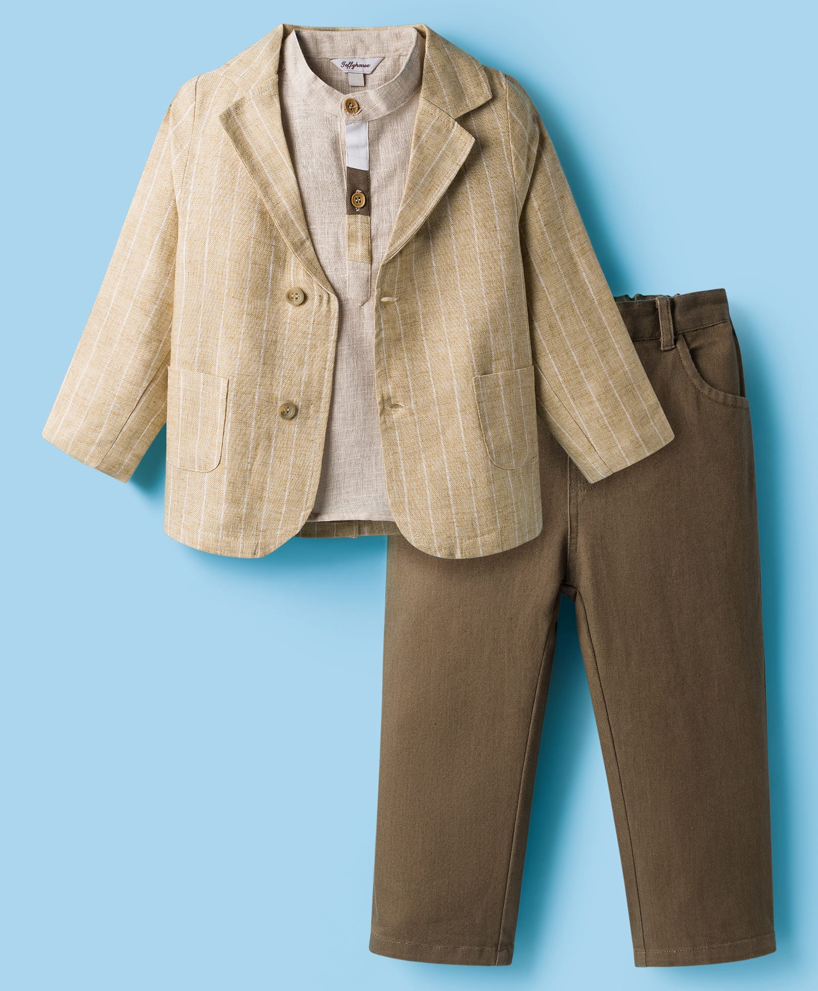 ToffyHouse Cotton Knit Full Sleeves Shirt & Pant Set With Striped Blazer - Brown-image-21