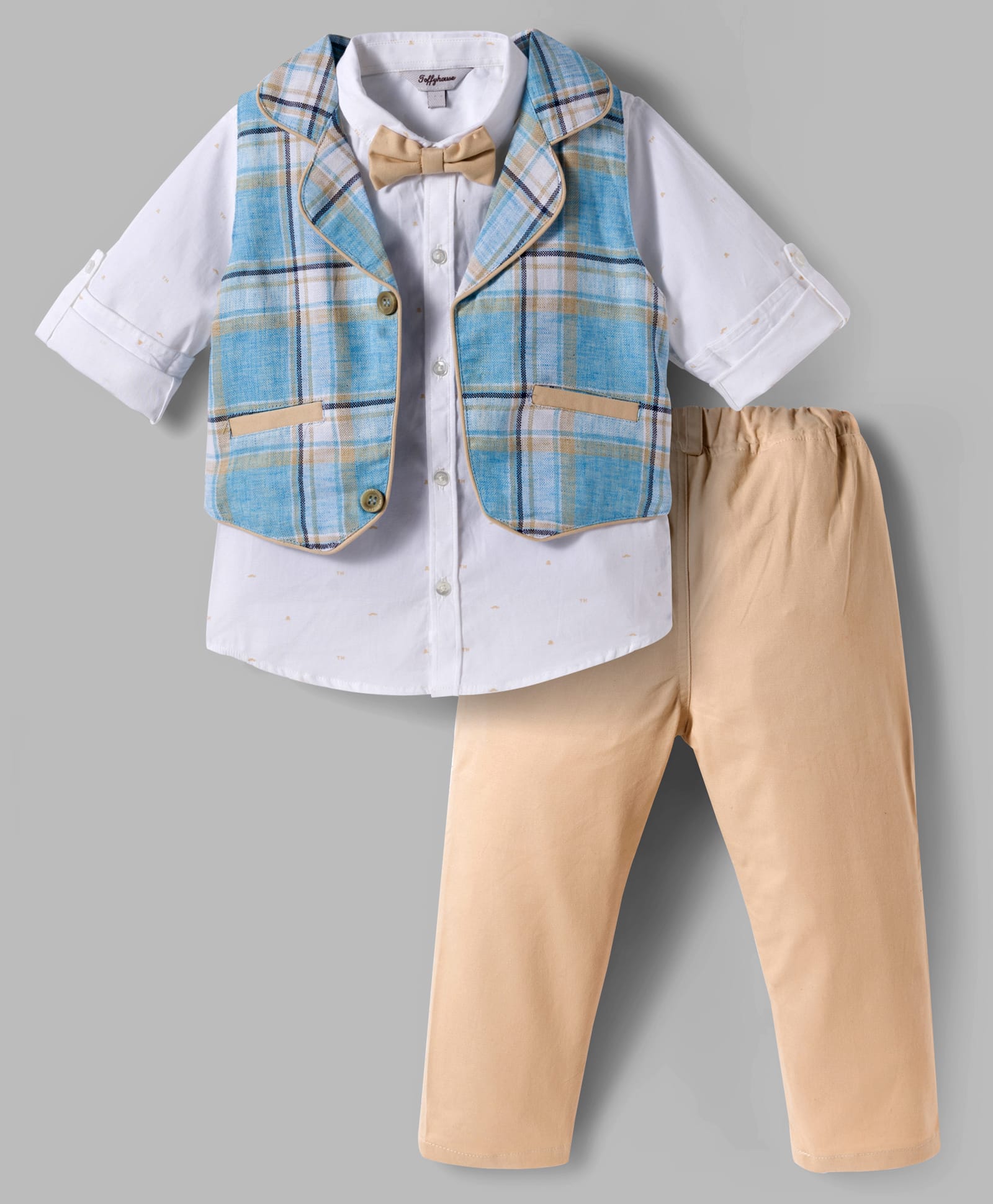 ToffyHouse Cotton Knit Full Sleeves Checkered 3 Piece Party Suit With Bow - Tan-picture-16