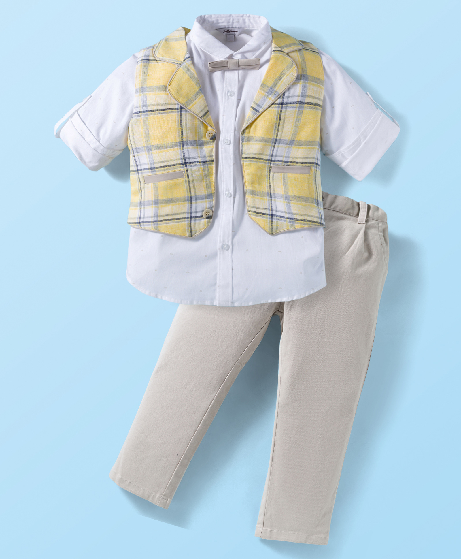 ToffyHouse Cotton Knit Full Sleeves Checks 3 Piece Party Suit With Bow - Light Grey & Yellow-image-39