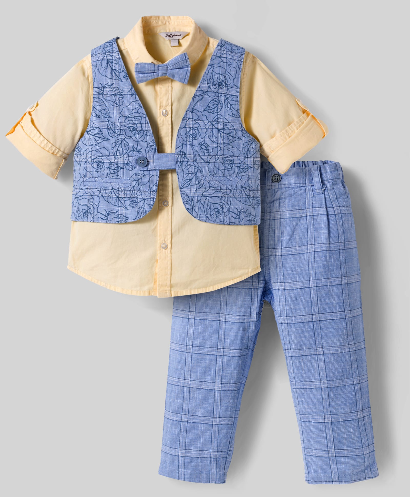 ToffyHouse Cotton Knit Full Sleeves Checkered & Floral Print 3 Piece Party Suit With Bow - Light Blue & Yellow-picture-30