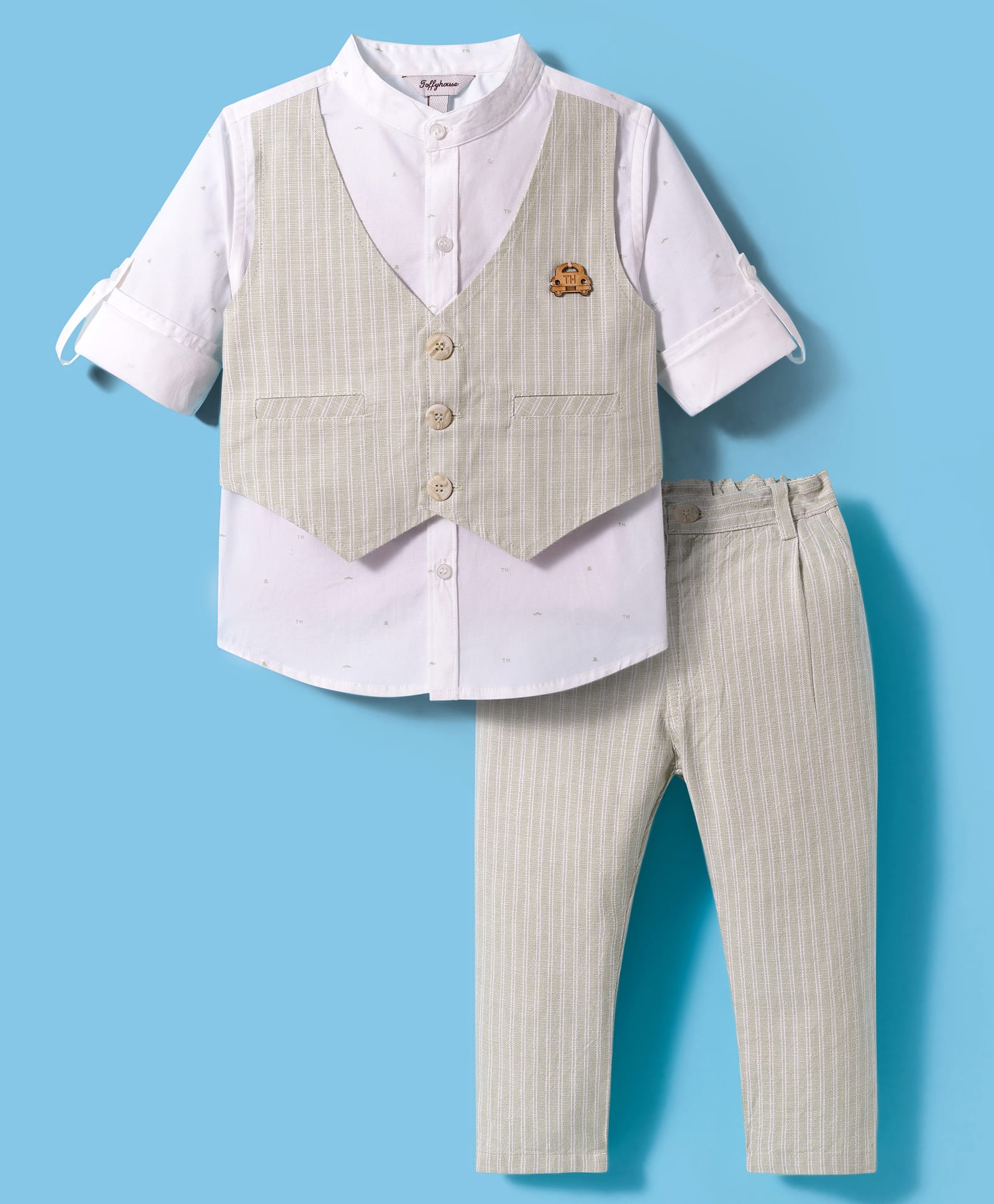 ToffyHouse Cotton Knit Full Sleeves Shirt with Attached Striped Waistcoat & Trouser Set - Beige-picture-21