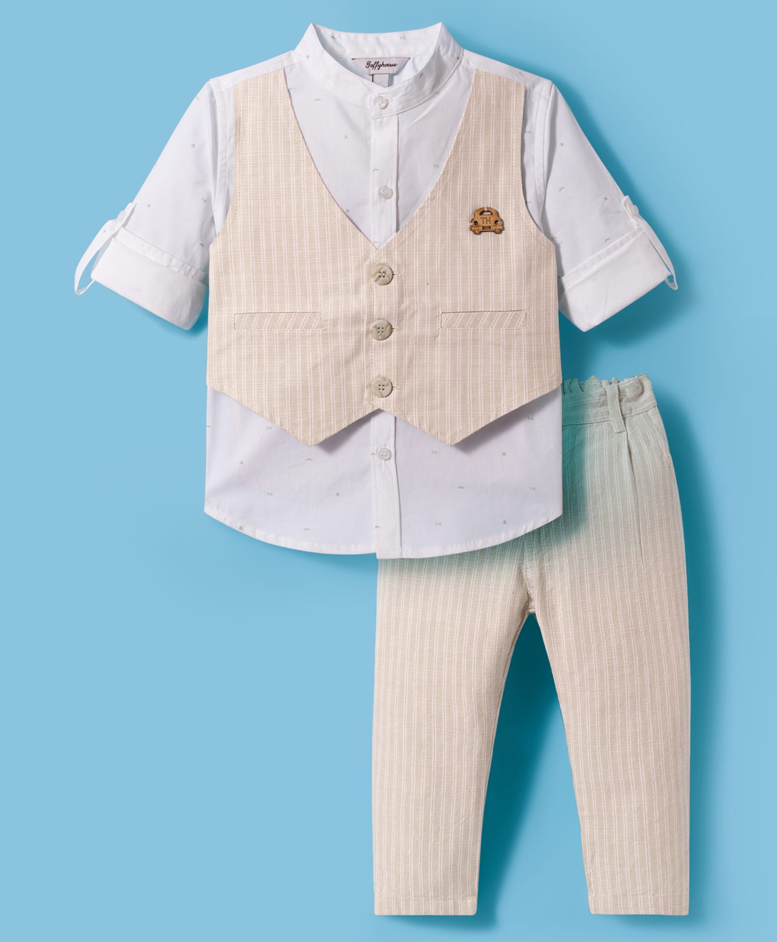 ToffyHouse Cotton Knit Full Sleeves Striped 3 Piece Party Suit With Bow - Tan-image-6
