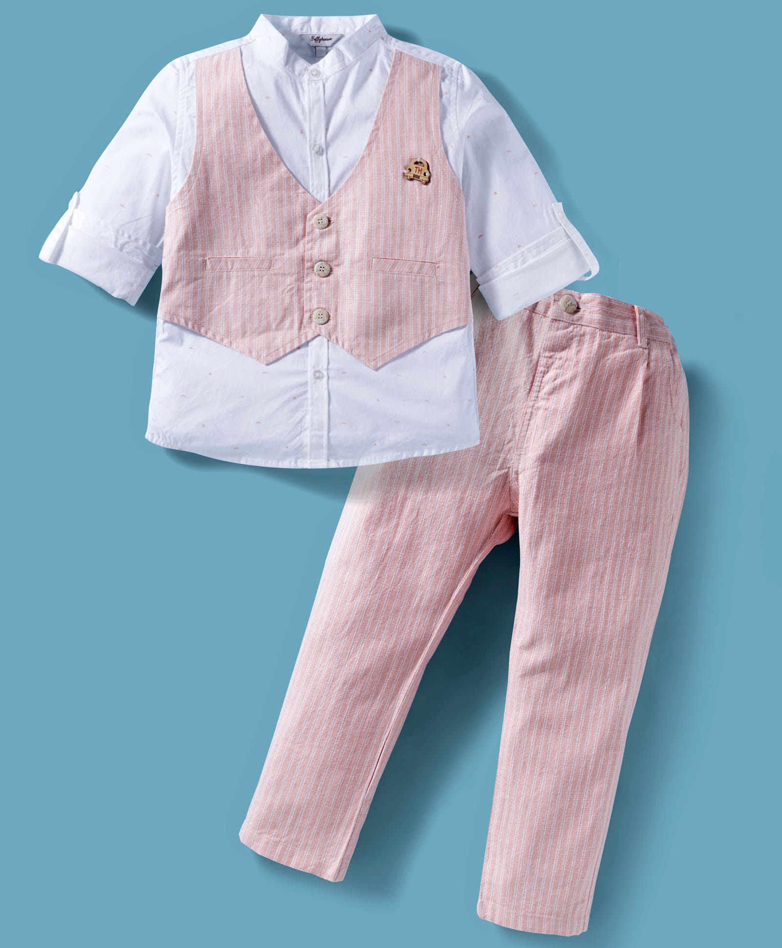 ToffyHouse Cotton Knit Full Sleeves Striped Party Shirt & Trouser Set - Light Red & White-picture-31