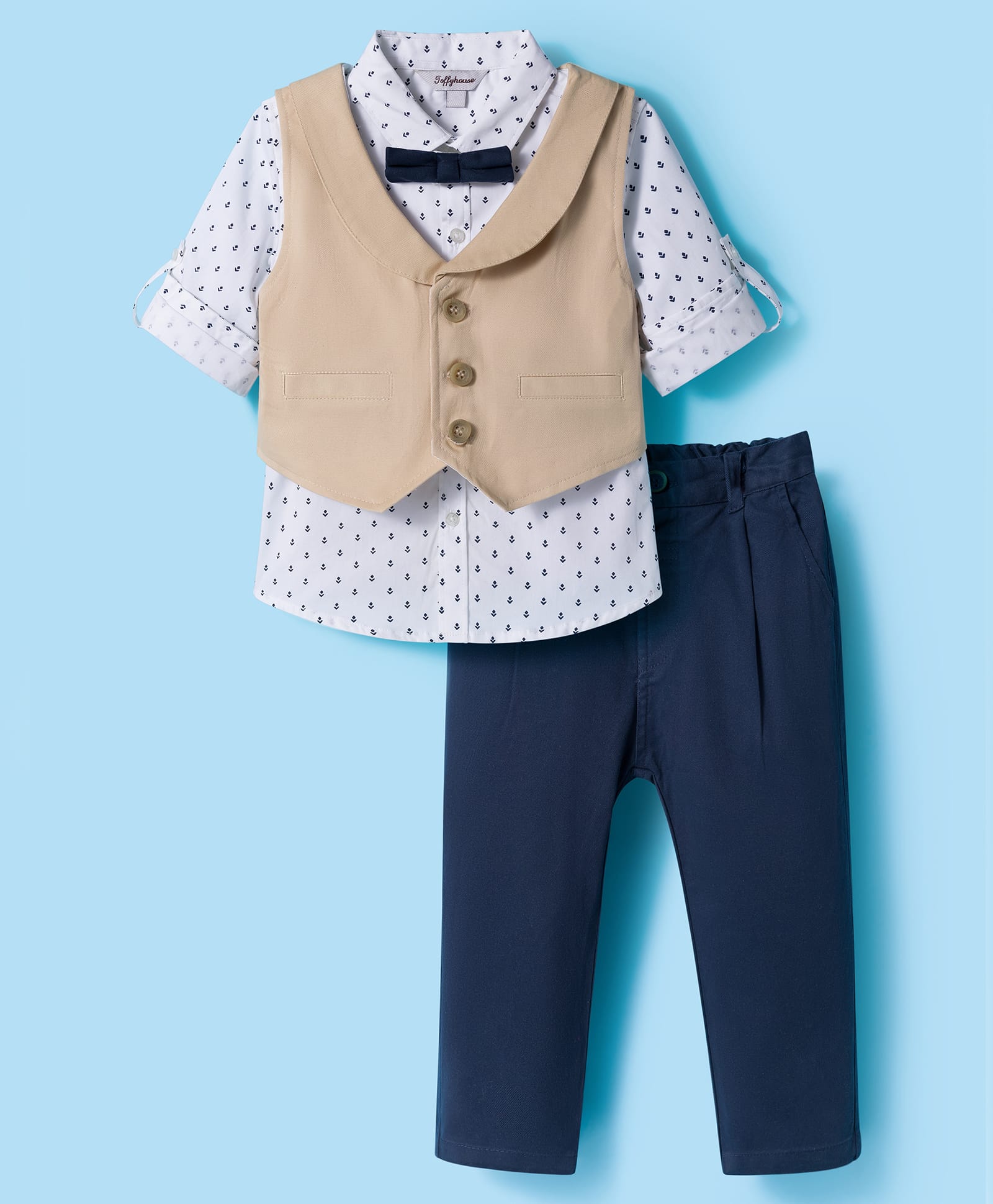 ToffyHouse Cotton Knit Full Sleeves 3 Piece Party Suit With Bow & Floral Print - Navy Blue-picture-28
