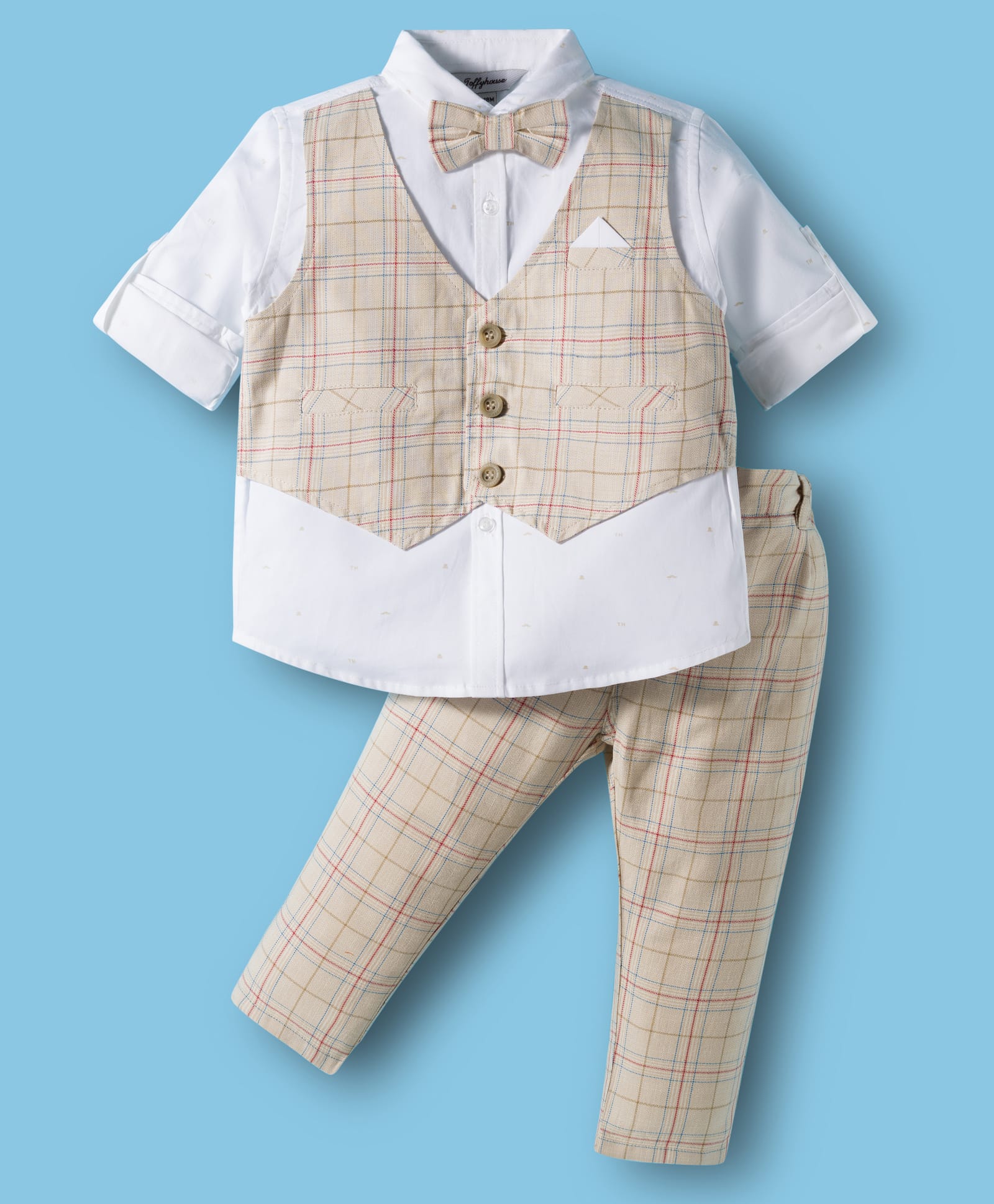 ToffyHouse Cotton Knit Full Sleeves Checks Party Shirt & Trouser Set With Bow - Tan & White-image-33