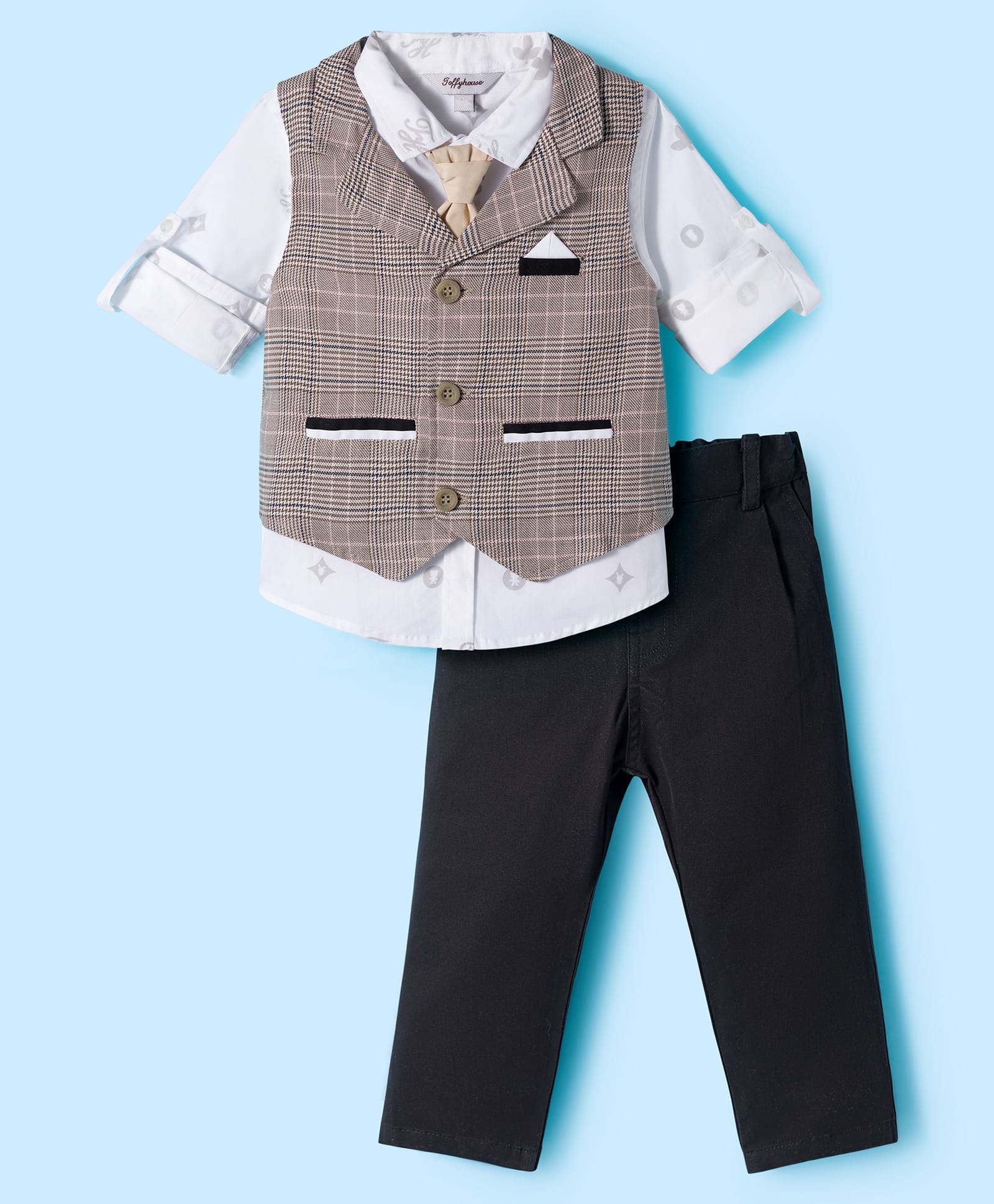 ToffyHouse Cotton Knit Full Sleeves Checks 3 Piece Party Suit With Tie - Black & White-picture-27